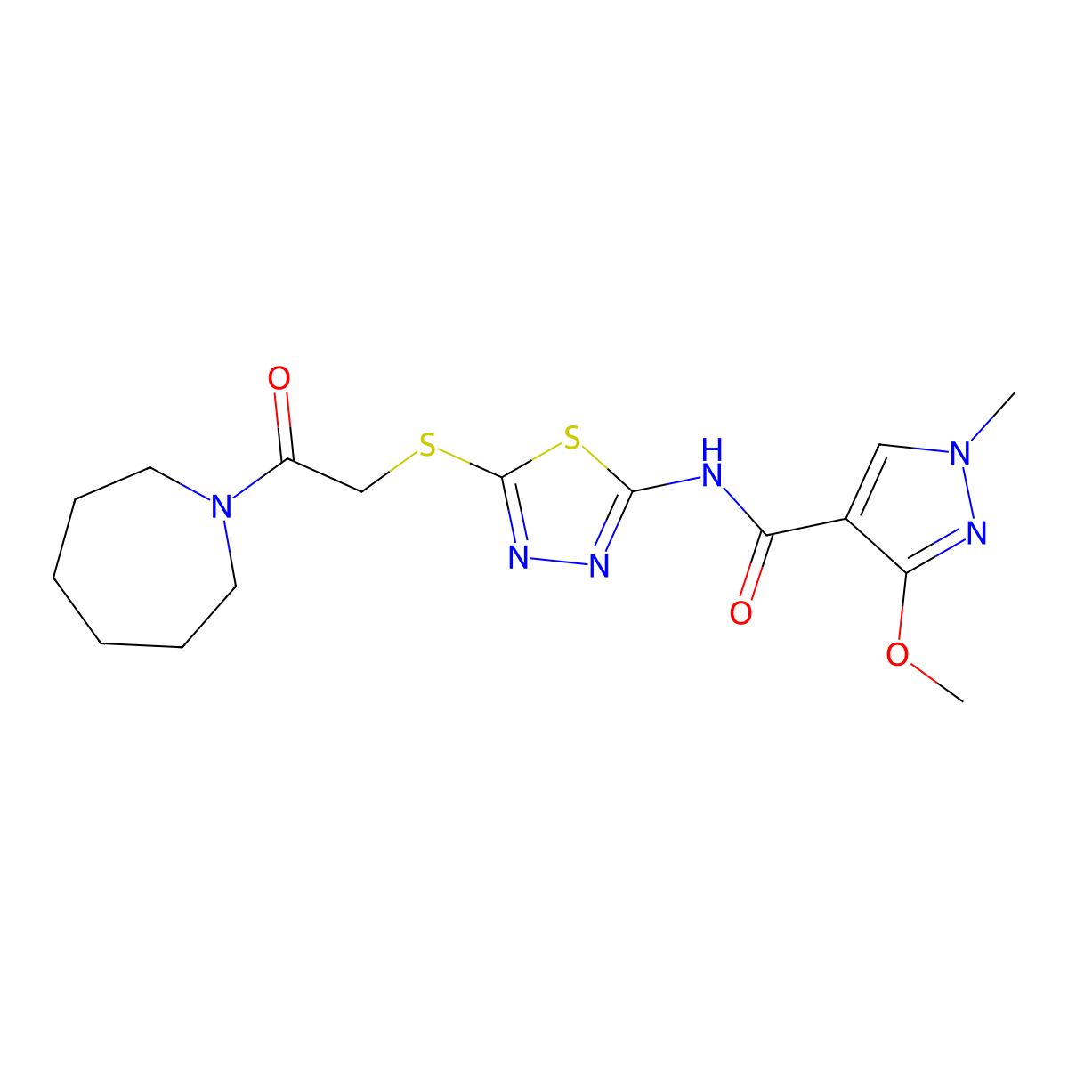 N-(5-((2-(azepan-1-yl)-2-oxoethyl)thio)-1,3,4-thiadiazol-2-yl)-3-methoxy-1-methyl-1H-pyrazole-4-carboxamide molecular structure, CAS 1170910-51-6