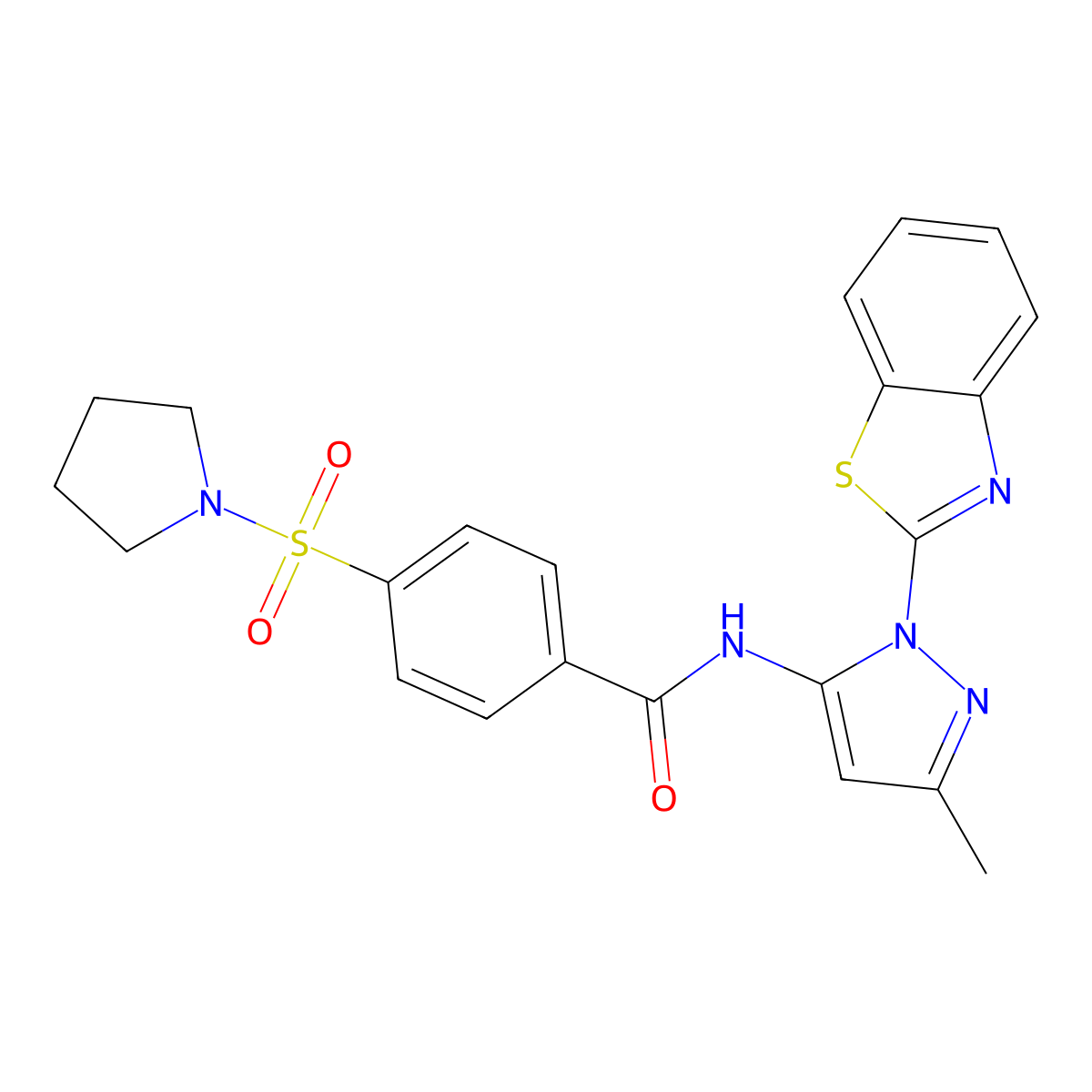 N-(1-(benzo[d]thiazol-2-yl)-3-methyl-1H-pyrazol-5-yl)-4-(pyrrolidin-1-ylsulfonyl)benzamide molecular structure, CAS 1170912-01-2