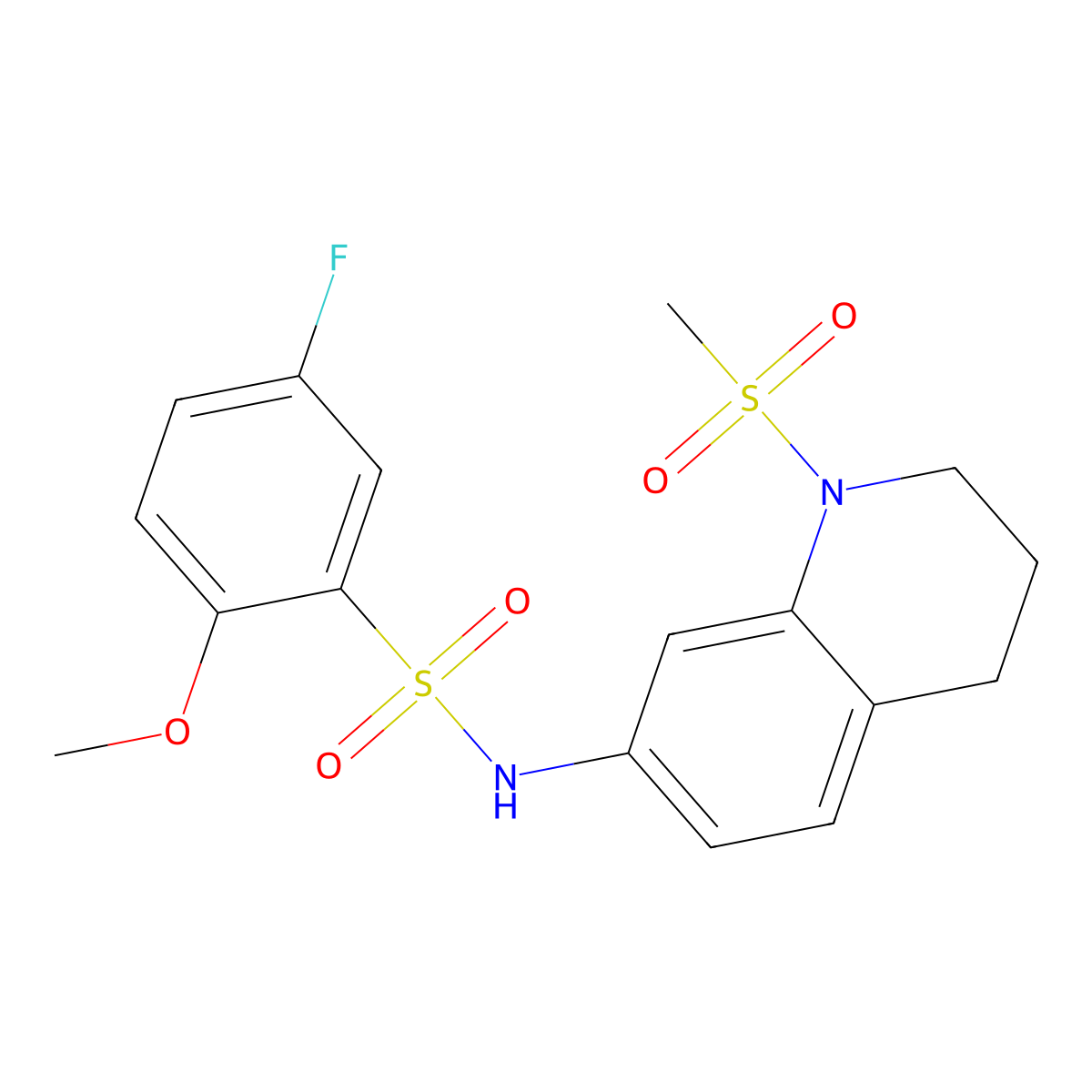 5-fluoro-2-methoxy-N-(1-methylsulfonyl-3,4-dihydro-2H-quinolin-7-yl)benzenesulfonamide molecular structure, CAS 1170917-46-0