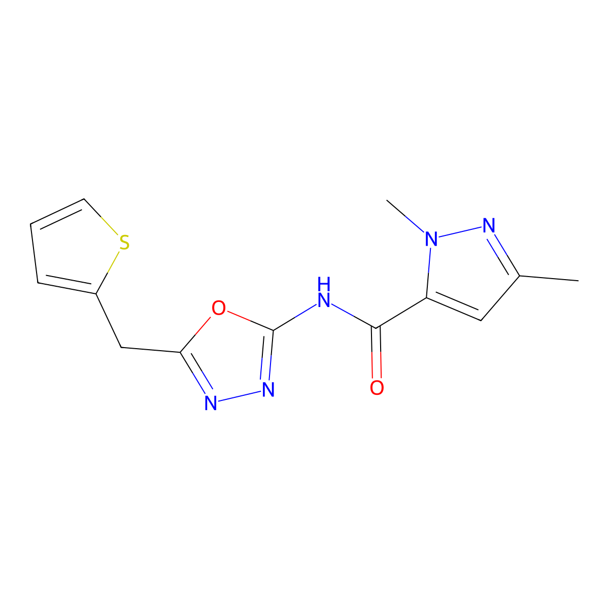 1,3-dimethyl-N-(5-(thiophen-2-ylmethyl)-1,3,4-oxadiazol-2-yl)-1H-pyrazole-5-carboxamide molecular structure, CAS 1170918-11-2
