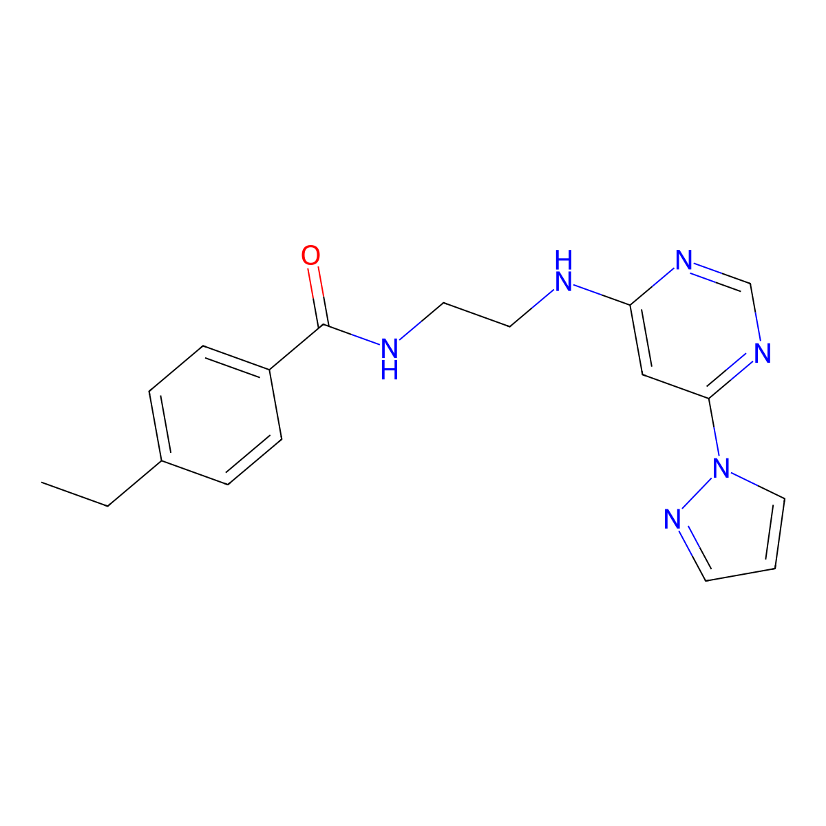 N-(2-((6-(1H-pyrazol-1-yl)pyrimidin-4-yl)amino)ethyl)-4-ethylbenzamide molecular structure, CAS 1170918-92-9