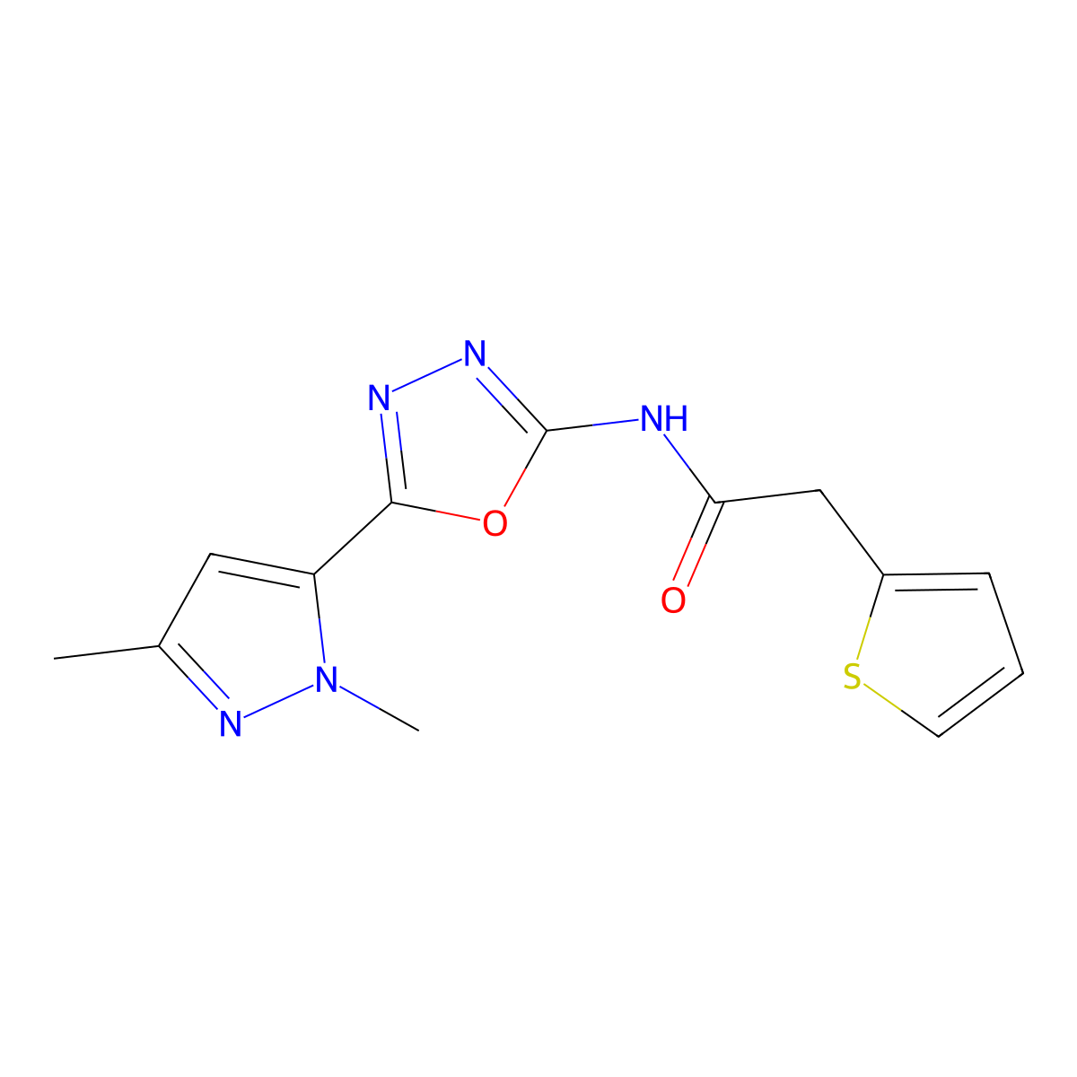 N-[5-(1,3-dimethyl-1H-pyrazol-5-yl)-1,3,4-oxadiazol-2-yl]-2-(thiophen-2-yl)acetamide molecular structure, CAS 1170919-46-6