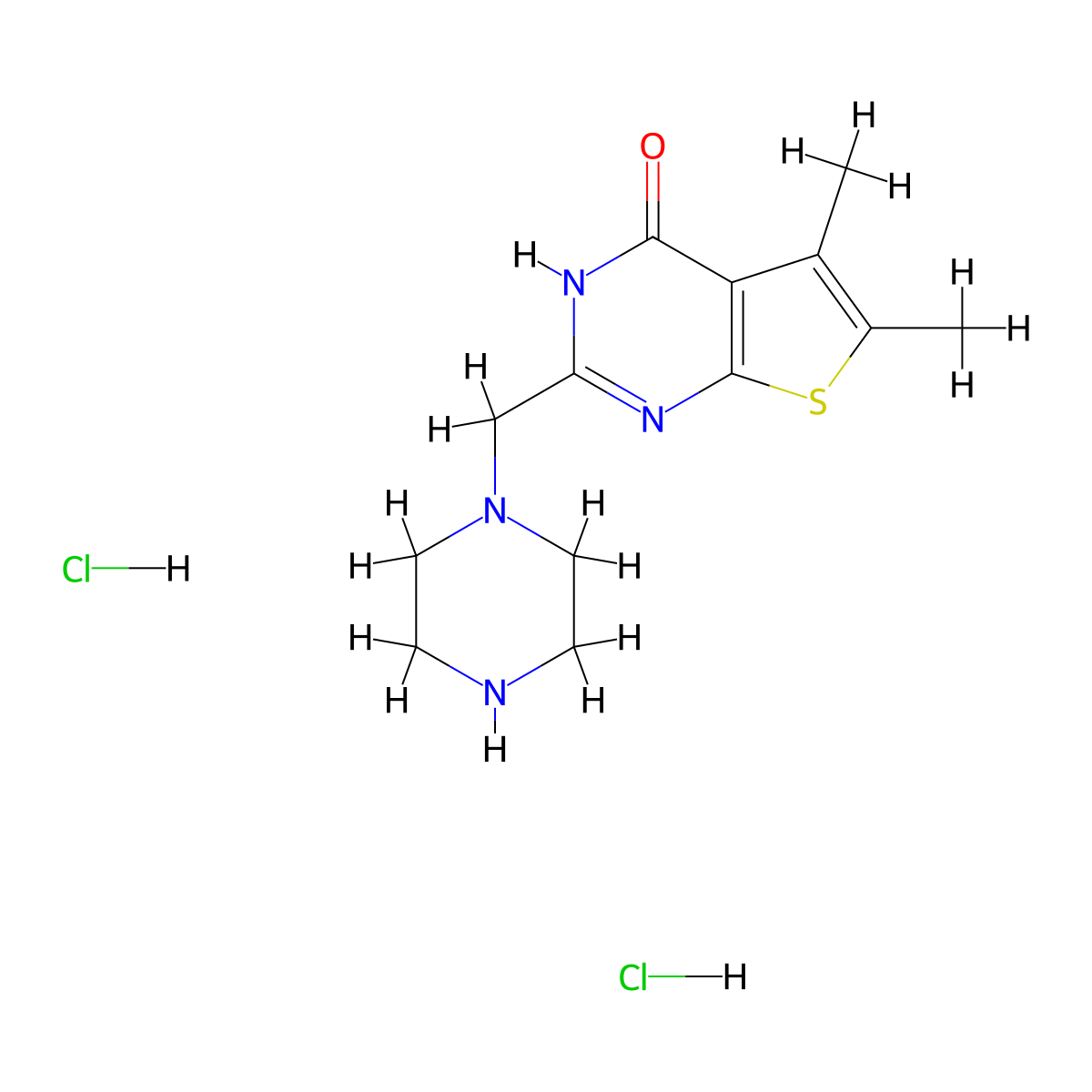 5,6-dimethyl-2-(piperazin-1-ylmethyl)thieno[2,3-d]pyrimidin-4(3H)-one dihydrochloride molecular structure, CAS 1170919-73-9