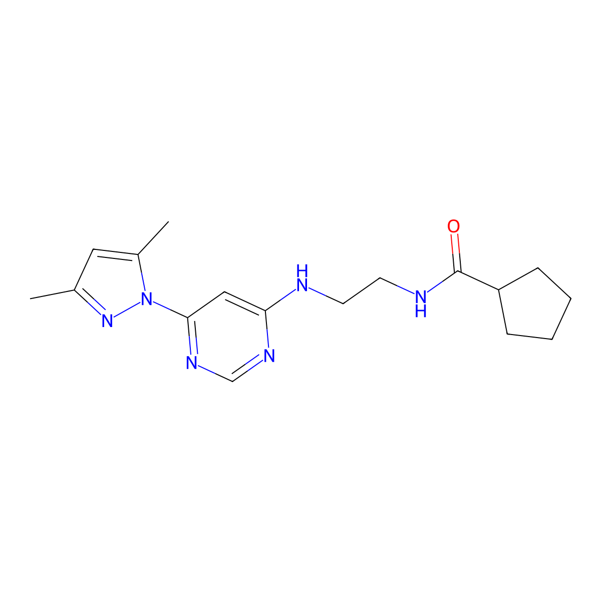 N-(2-((6-(3,5-dimethyl-1H-pyrazol-1-yl)pyrimidin-4-yl)amino)ethyl)cyclopentanecarboxamide molecular structure, CAS 1170921-75-1