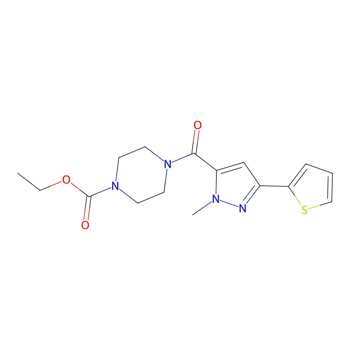 ethyl 4-{[1-methyl-3-(thiophen-2-yl)-1H-pyrazol-5-yl]carbonyl}piperazine-1-carboxylate molecular structure, CAS 1170924-06-7