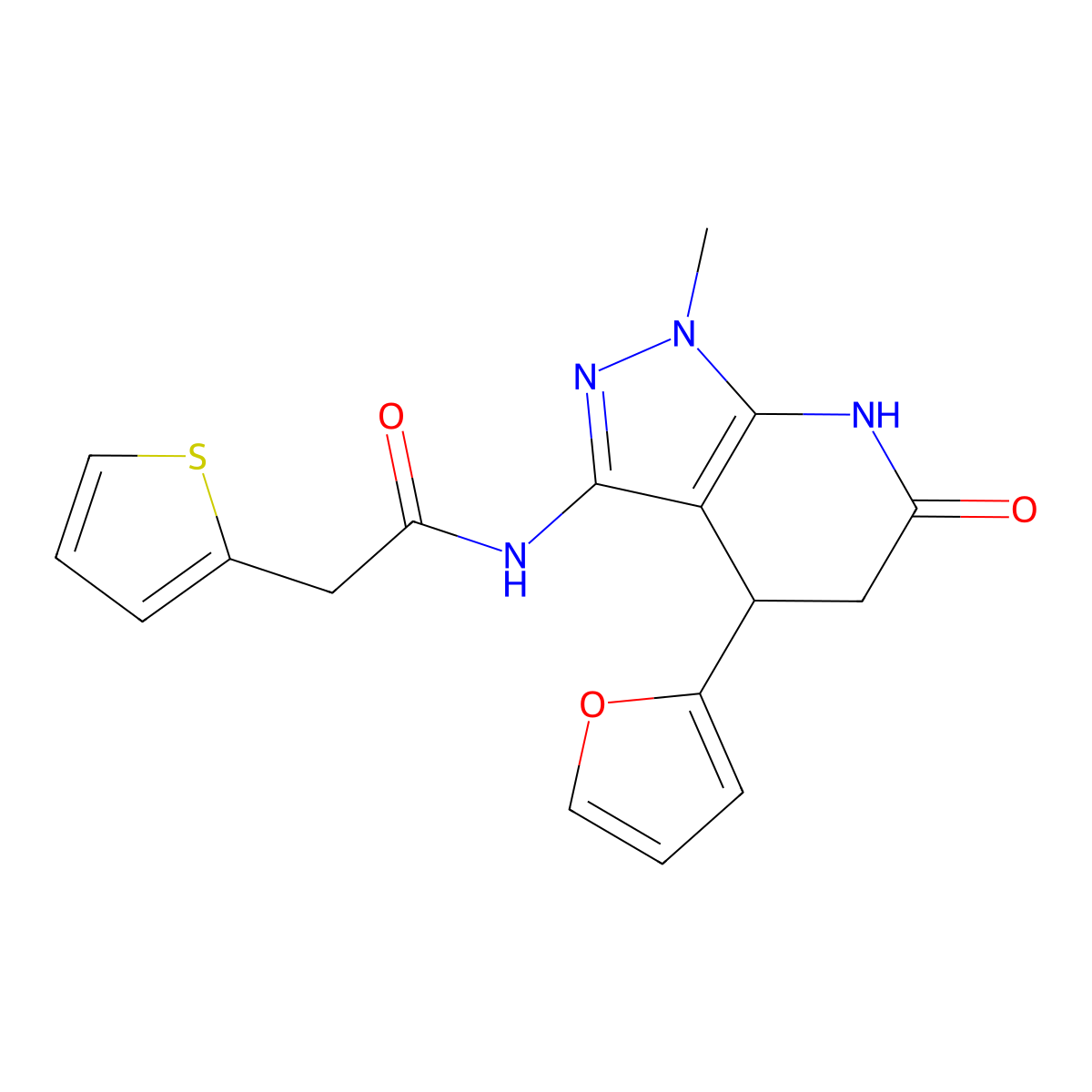 N-(4-(furan-2-yl)-1-methyl-6-oxo-4,5,6,7-tetrahydro-1H-pyrazolo[3,4-b]pyridin-3-yl)-2-(thiophen-2-yl)acetamide molecular structure, CAS 1170924-90-9