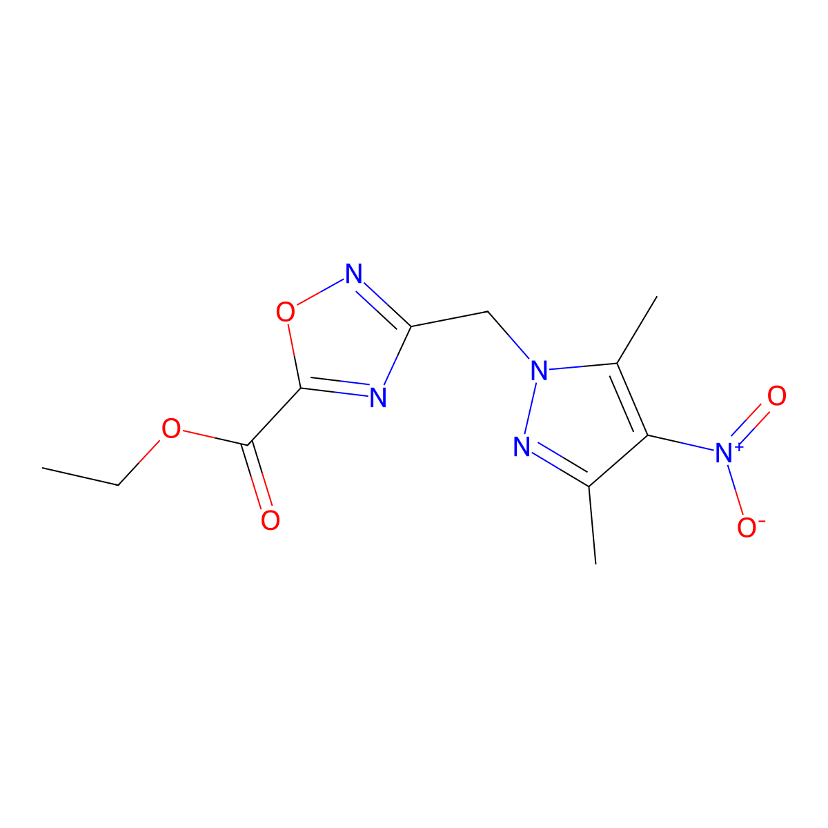 Ethyl 3-((3,5-dimethyl-4-nitro-1H-pyrazol-1-yl)methyl)-1,2,4-oxadiazole-5-carboxylate molecular structure, CAS 1170931-46-0