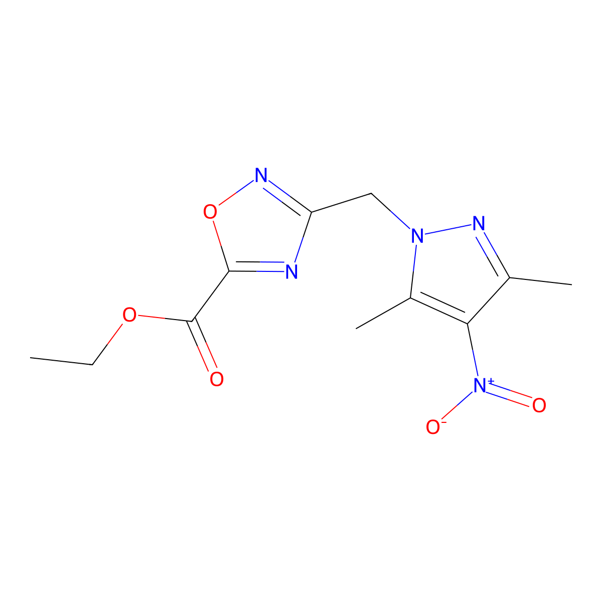 Ethyl 3-((3,5-dimethyl-4-nitro-1H-pyrazol-1-yl)methyl)-1,2,4-oxadiazole-5-carboxylate molecular structure, CAS 1170931-46-0