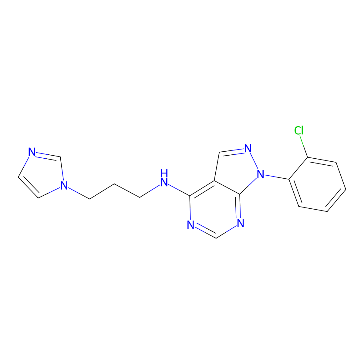 1-(2-chlorophenyl)-N-[3-(1H-imidazol-1-yl)propyl]-1H-pyrazolo[3,4-d]pyrimidin-4-amine molecular structure, CAS 1170934-52-7