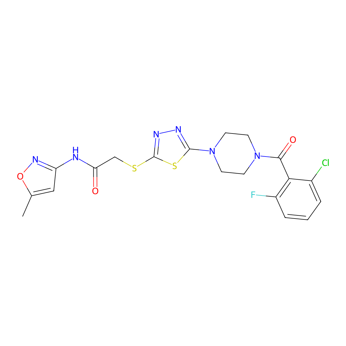2-((5-(4-(2-chloro-6-fluorobenzoyl)piperazin-1-yl)-1,3,4-thiadiazol-2-yl)thio)-N-(5-methylisoxazol-3-yl)acetamide molecular structure, CAS 1170935-65-5
