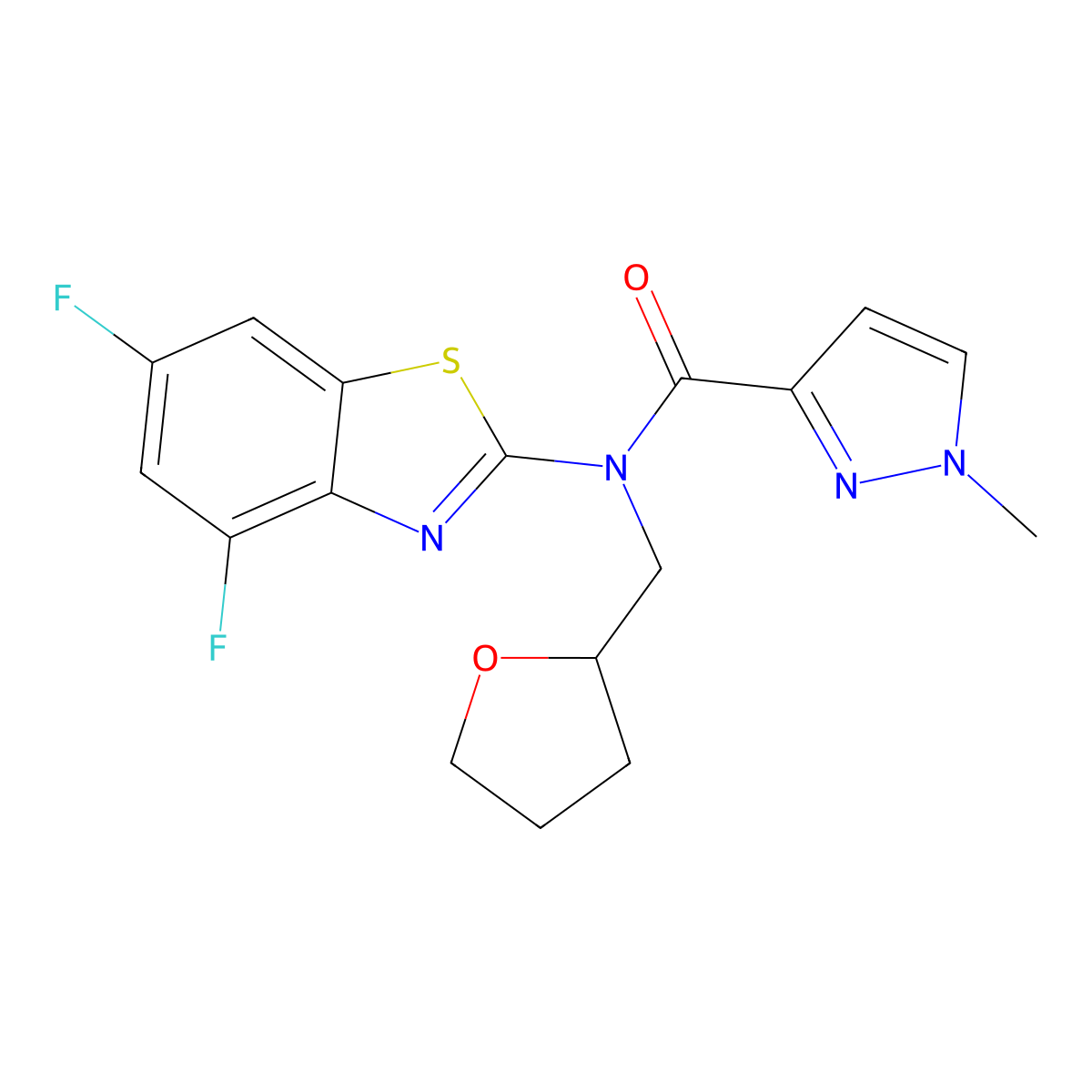 N-(4,6-difluorobenzo[d]thiazol-2-yl)-1-methyl-N-((tetrahydrofuran-2-yl)methyl)-1H-pyrazole-3-carboxamide molecular structure, CAS 1170935-68-8