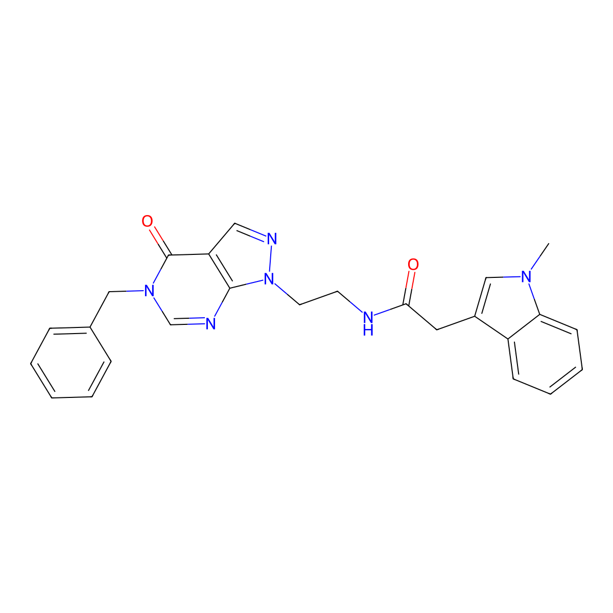 N-(2-(5-benzyl-4-oxo-4,5-dihydro-1H-pyrazolo[3,4-d]pyrimidin-1-yl)ethyl)-2-(1-methyl-1H-indol-3-yl)acetamide molecular structure, CAS 1170936-12-5