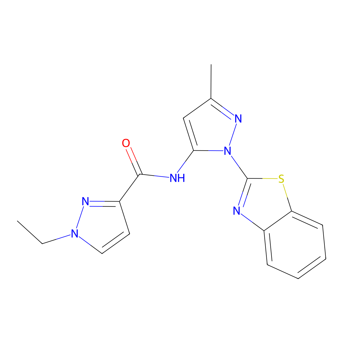 N-[1-(1,3-benzothiazol-2-yl)-3-methyl-1H-pyrazol-5-yl]-1-ethyl-1H-pyrazole-3-carboxamide molecular structure, CAS 1170937-79-7