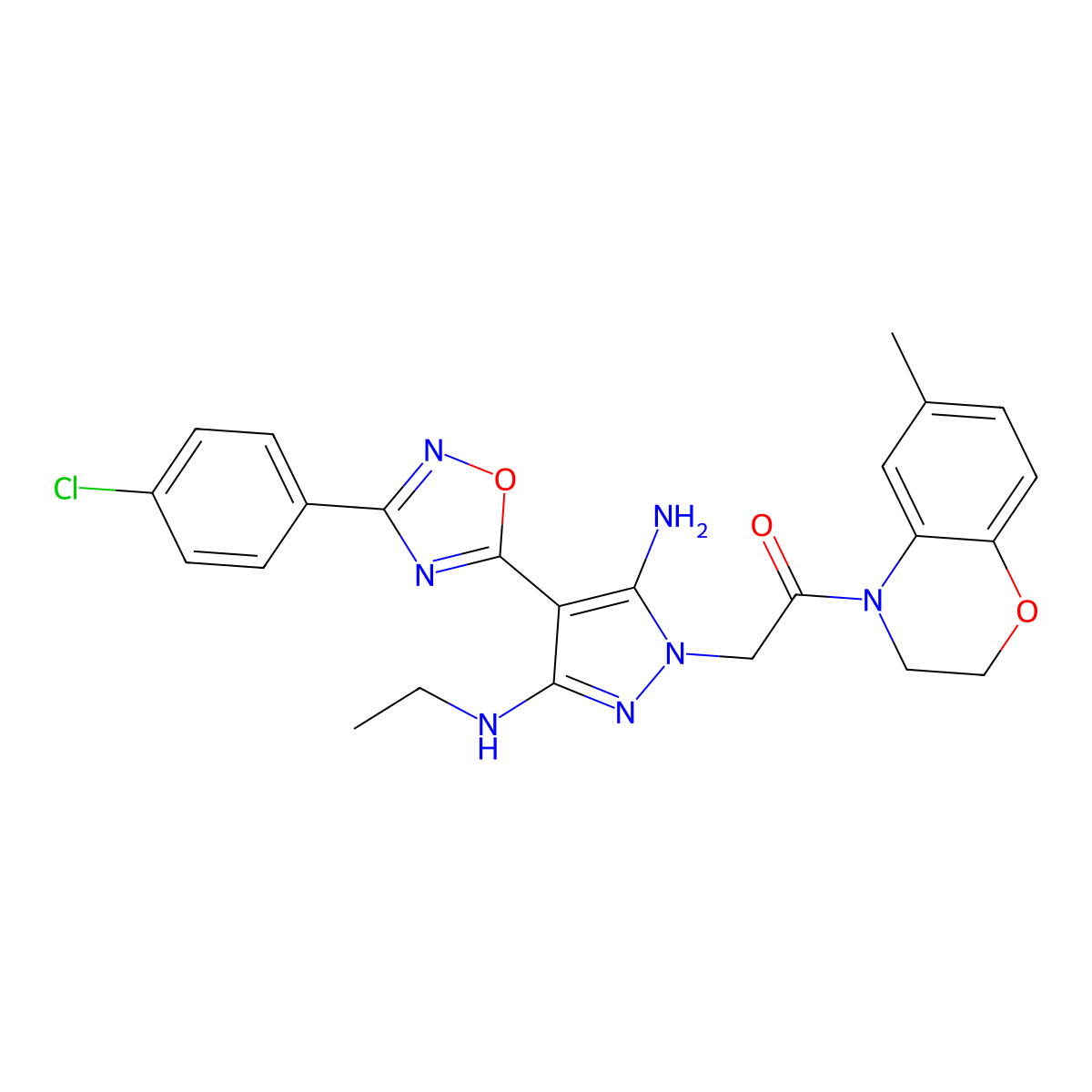 2-(5-amino-4-(3-(4-chlorophenyl)-1,2,4-oxadiazol-5-yl)-3-(ethylamino)-1H-pyrazol-1-yl)-1-(6-methyl-2H-benzo[b][1,4]oxazin-4(3H)-yl)ethanone molecular structure, CAS 1170938-63-2