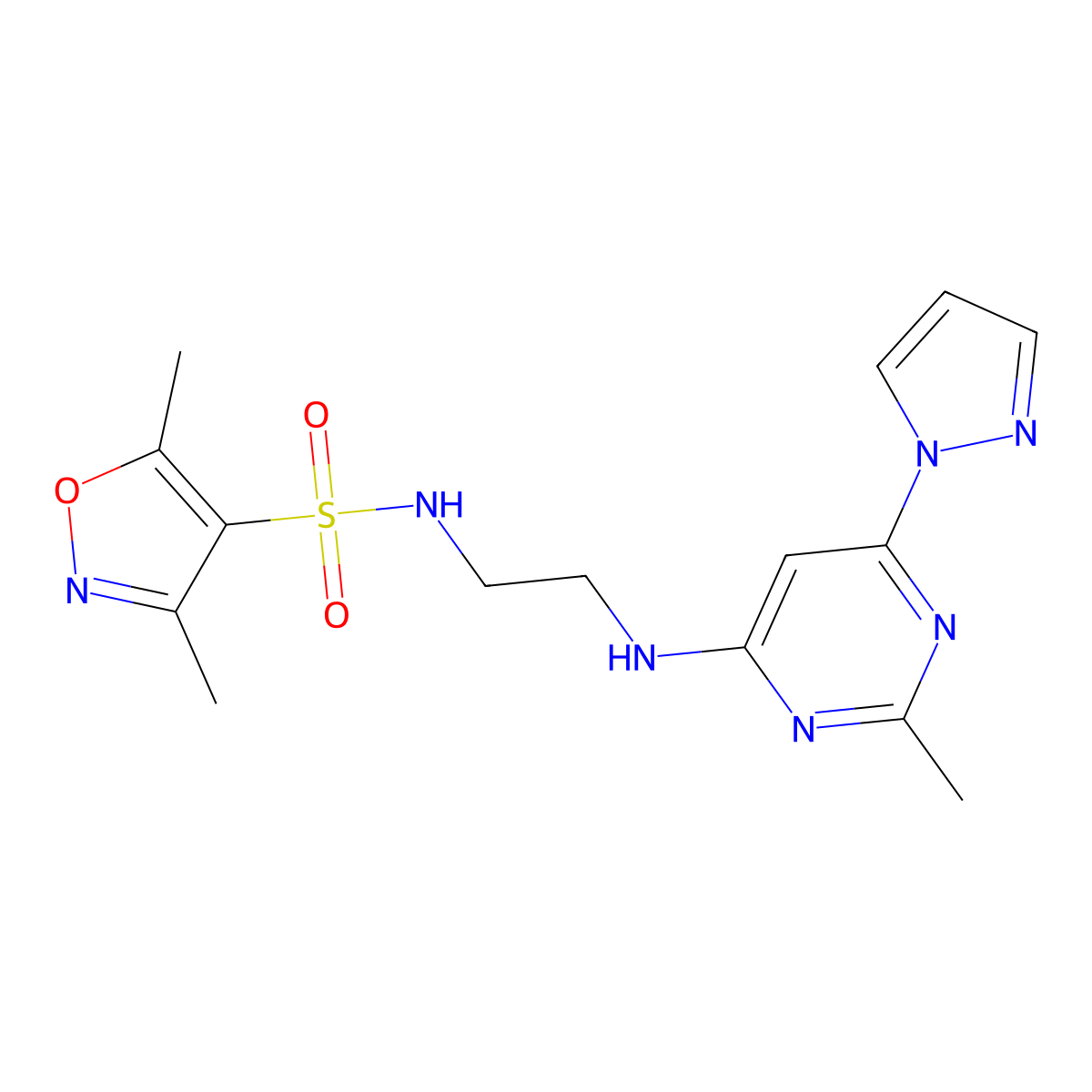 3,5-dimethyl-N-(2-((2-methyl-6-(1H-pyrazol-1-yl)pyrimidin-4-yl)amino)ethyl)isoxazole-4-sulfonamide molecular structure, CAS 1170940-38-1