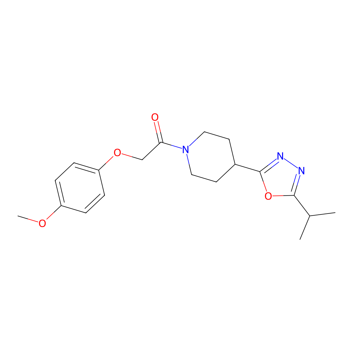 1-(4-(5-Isopropyl-1,3,4-oxadiazol-2-yl)piperidin-1-yl)-2-(4-methoxyphenoxy)ethanone molecular structure, CAS 1170941-92-0