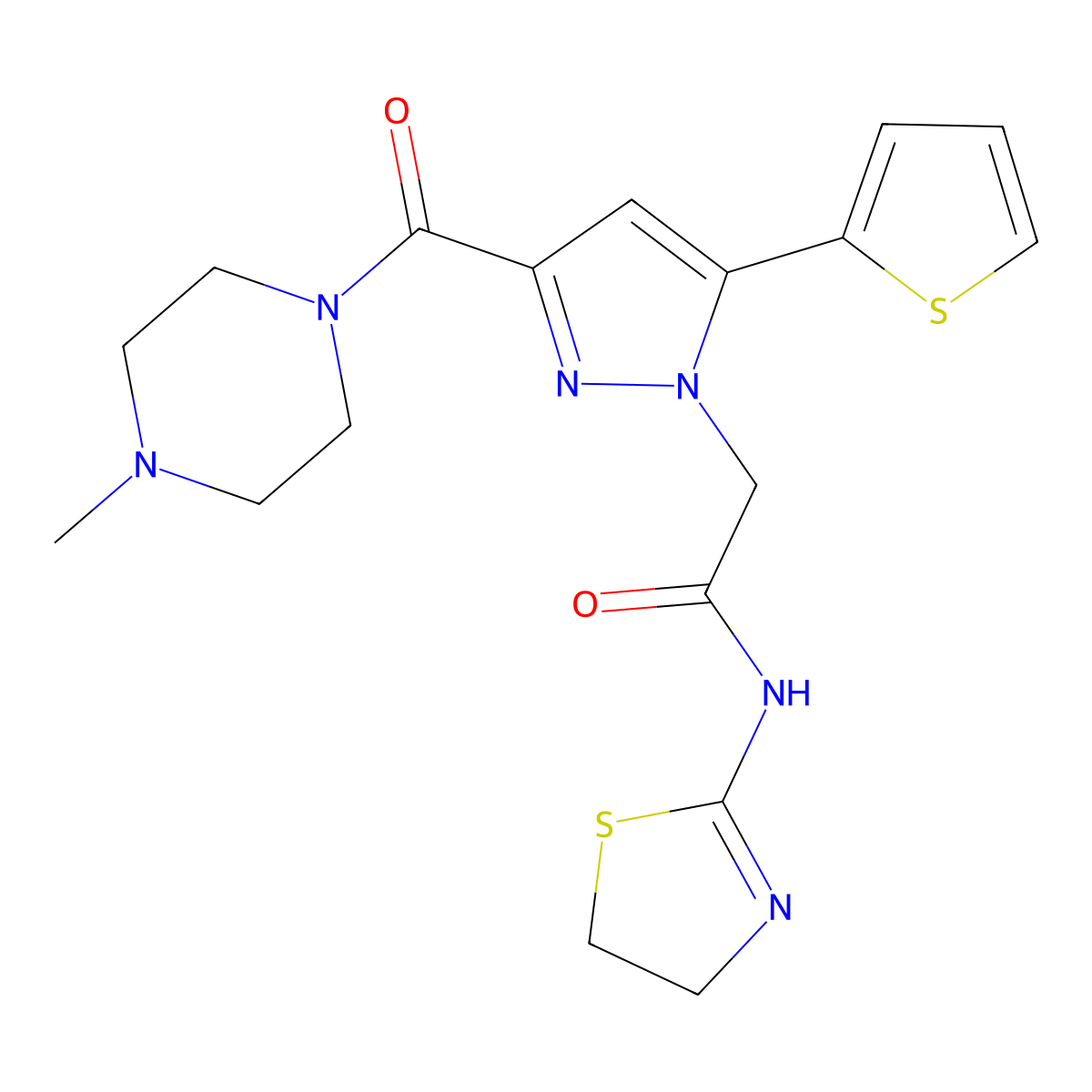 N-(4,5-dihydrothiazol-2-yl)-2-(3-(4-methylpiperazine-1-carbonyl)-5-(thiophen-2-yl)-1H-pyrazol-1-yl)acetamide molecular structure, CAS 1170942-18-3