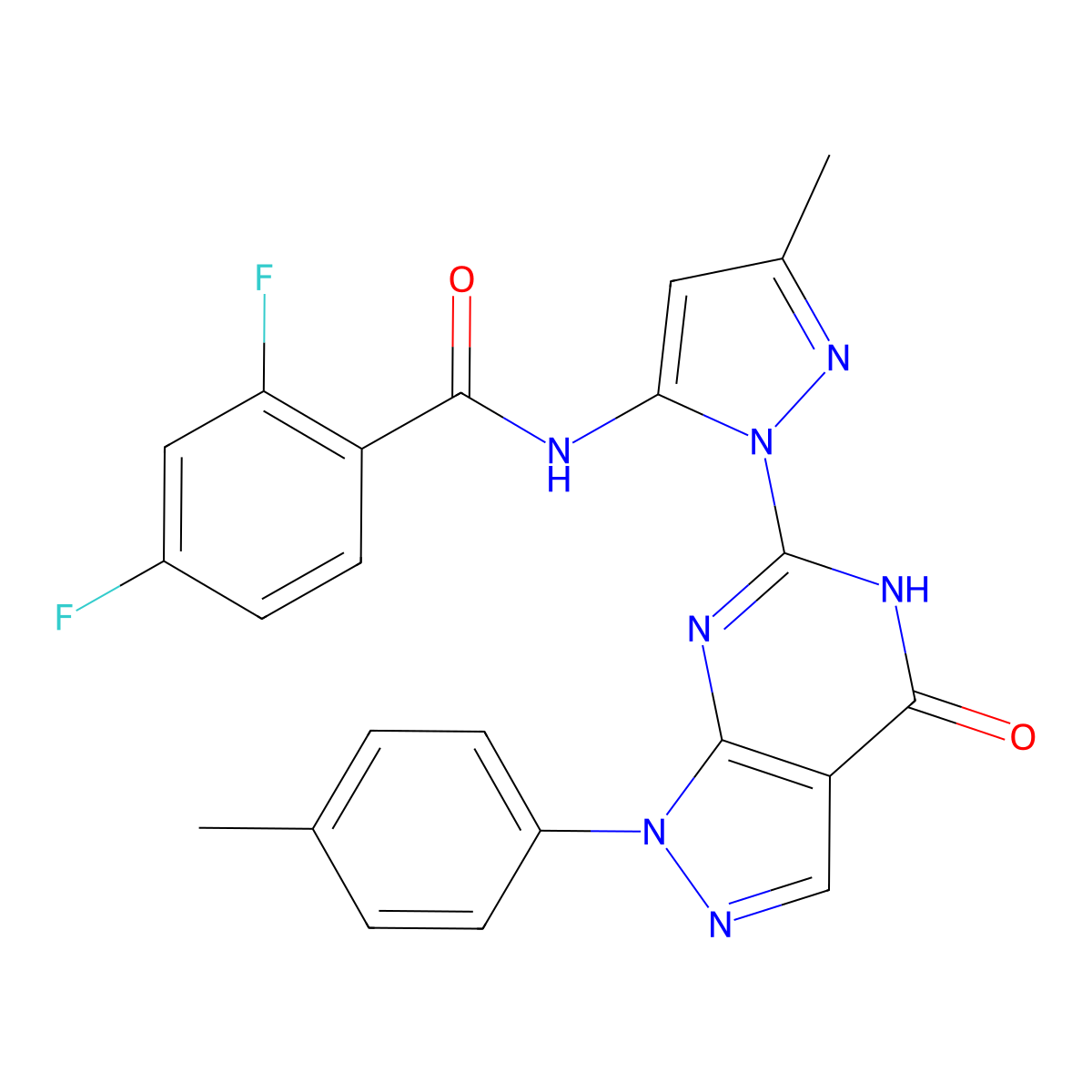 2,4-difluoro-N-(3-methyl-1-(4-oxo-1-(p-tolyl)-4,5-dihydro-1H-pyrazolo[3,4-d]pyrimidin-6-yl)-1H-pyrazol-5-yl)benzamide molecular structure, CAS 1170943-53-9