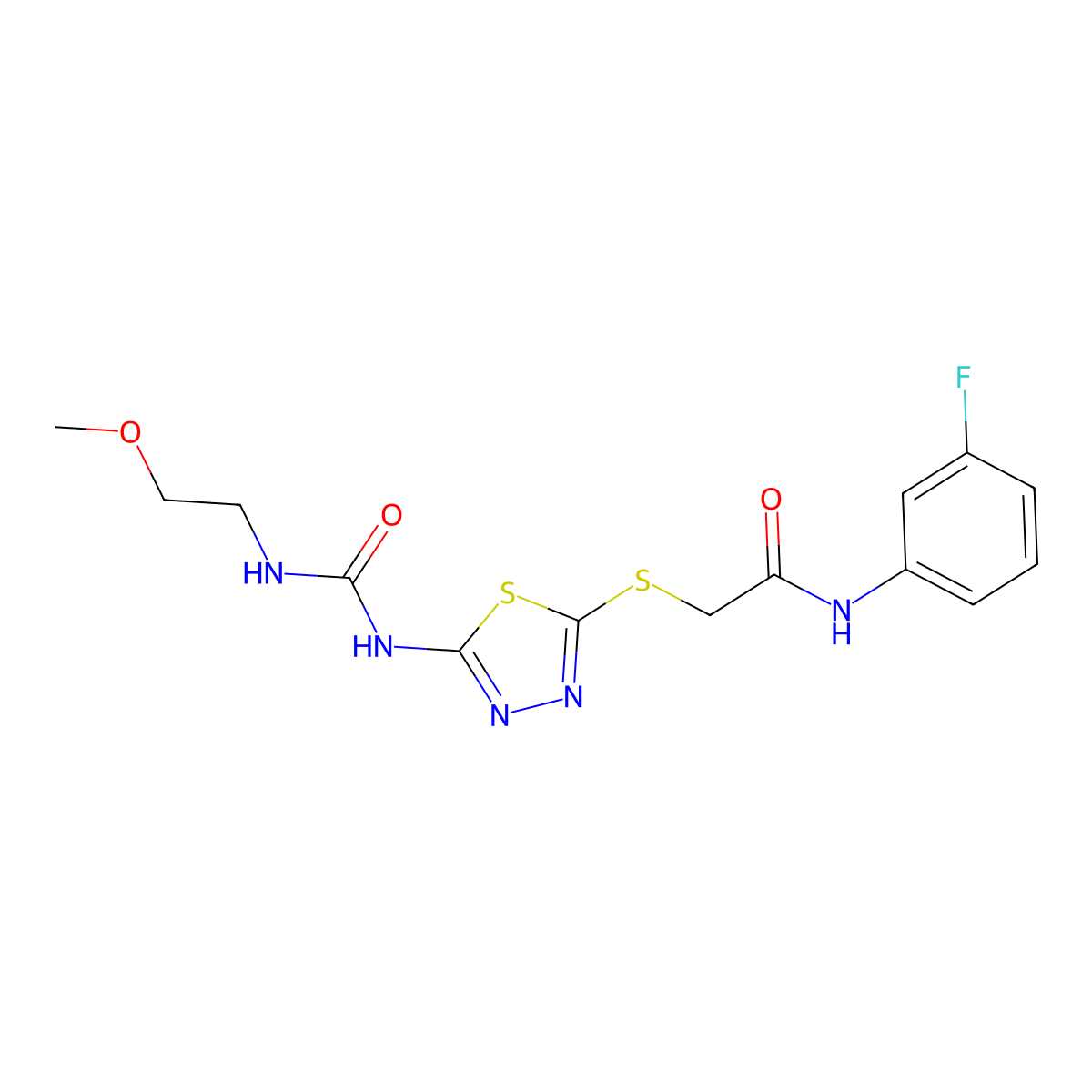N-(3-fluorophenyl)-2-((5-(3-(2-methoxyethyl)ureido)-1,3,4-thiadiazol-2-yl)thio)acetamide molecular structure, CAS 1170949-02-6