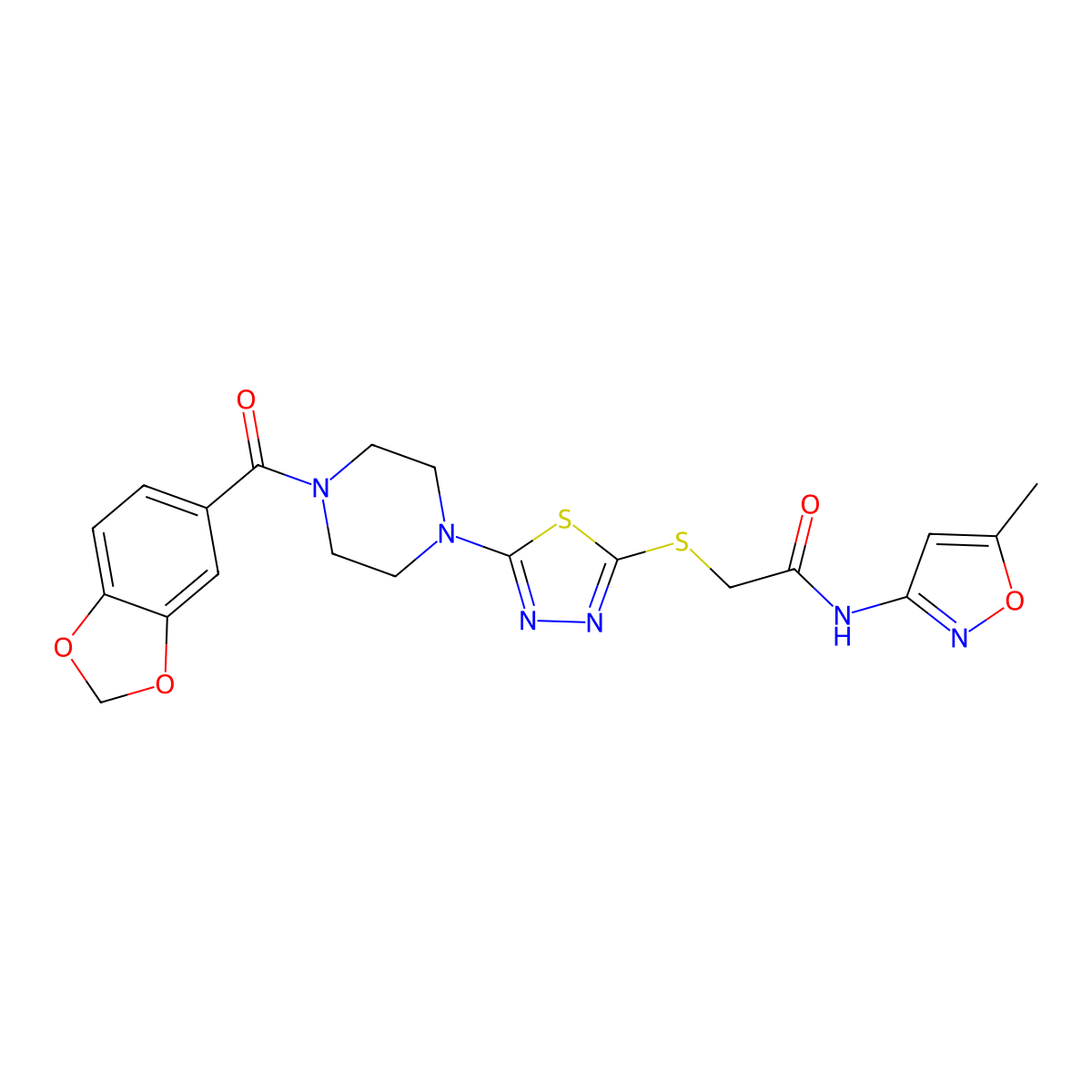 2-((5-(4-(benzo[d][1,3]dioxole-5-carbonyl)piperazin-1-yl)-1,3,4-thiadiazol-2-yl)thio)-N-(5-methylisoxazol-3-yl)acetamide molecular structure, CAS 1170949-16-2