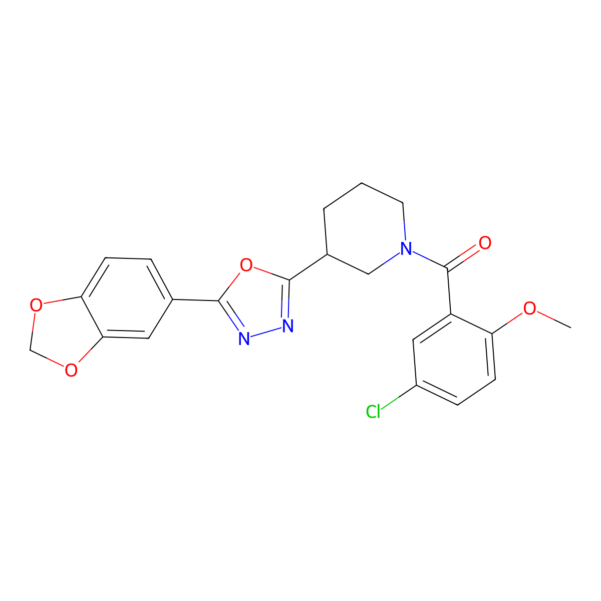 (3-(5-(Benzo[d][1,3]dioxol-5-yl)-1,3,4-oxadiazol-2-yl)piperidin-1-yl)(5-chloro-2-methoxyphenyl)methanone molecular structure, CAS 1170950-67-0