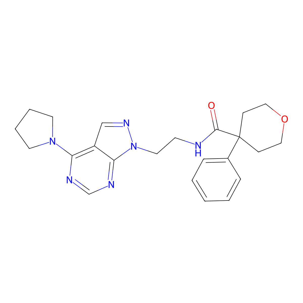 4-phenyl-N-(2-(4-(pyrrolidin-1-yl)-1H-pyrazolo[3,4-d]pyrimidin-1-yl)ethyl)tetrahydro-2H-pyran-4-carboxamide molecular structure, CAS 1170953-31-7