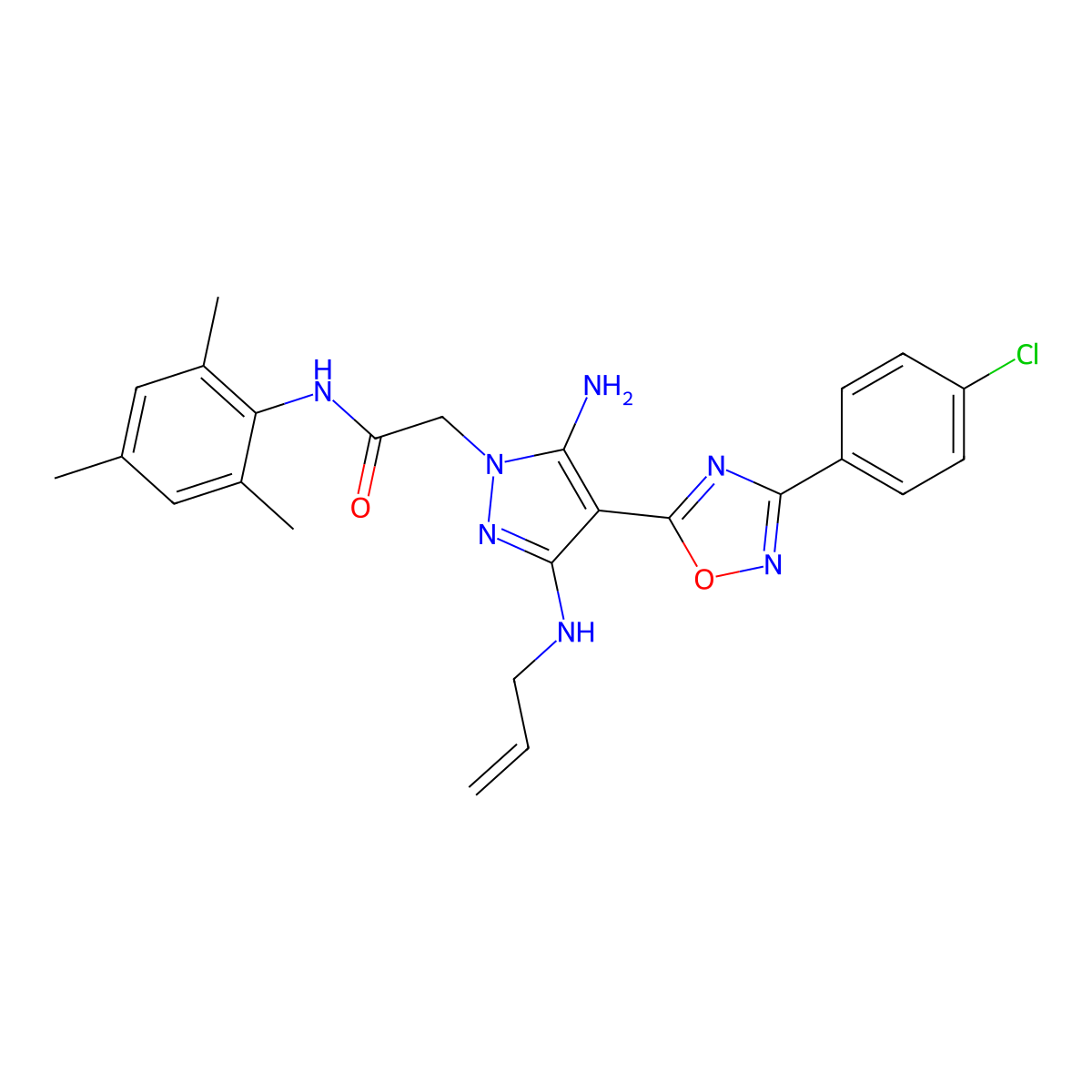 2-(3-(allylamino)-5-amino-4-(3-(4-chlorophenyl)-1,2,4-oxadiazol-5-yl)-1H-pyrazol-1-yl)-N-mesitylacetamide molecular structure, CAS 1170957-25-1