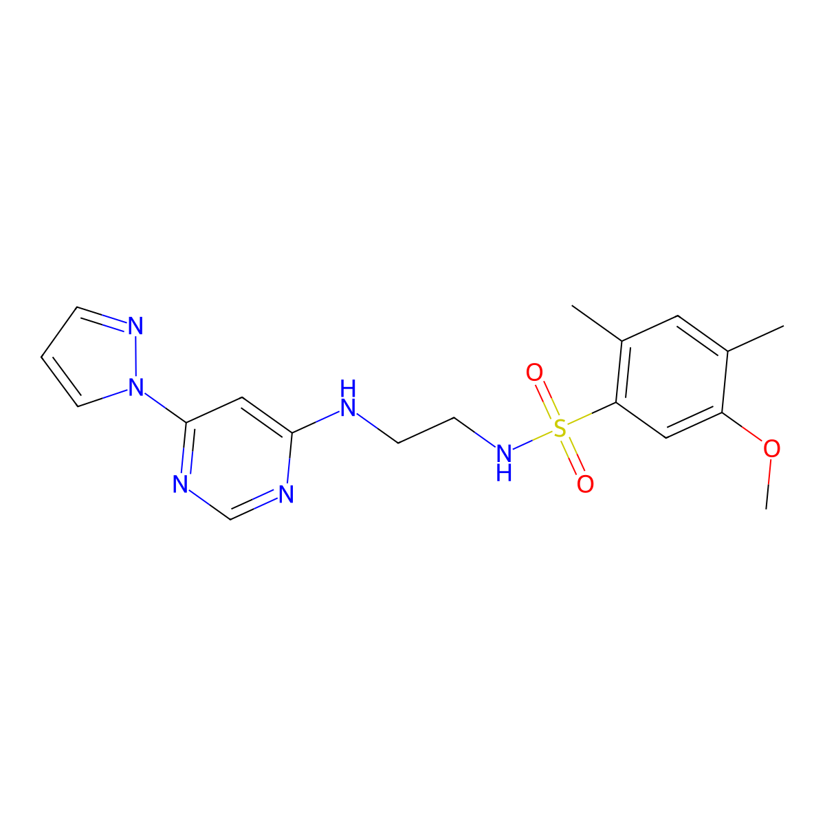 N-(2-((6-(1H-pyrazol-1-yl)pyrimidin-4-yl)amino)ethyl)-5-methoxy-2,4-dimethylbenzenesulfonamide molecular structure, CAS 1170959-46-2