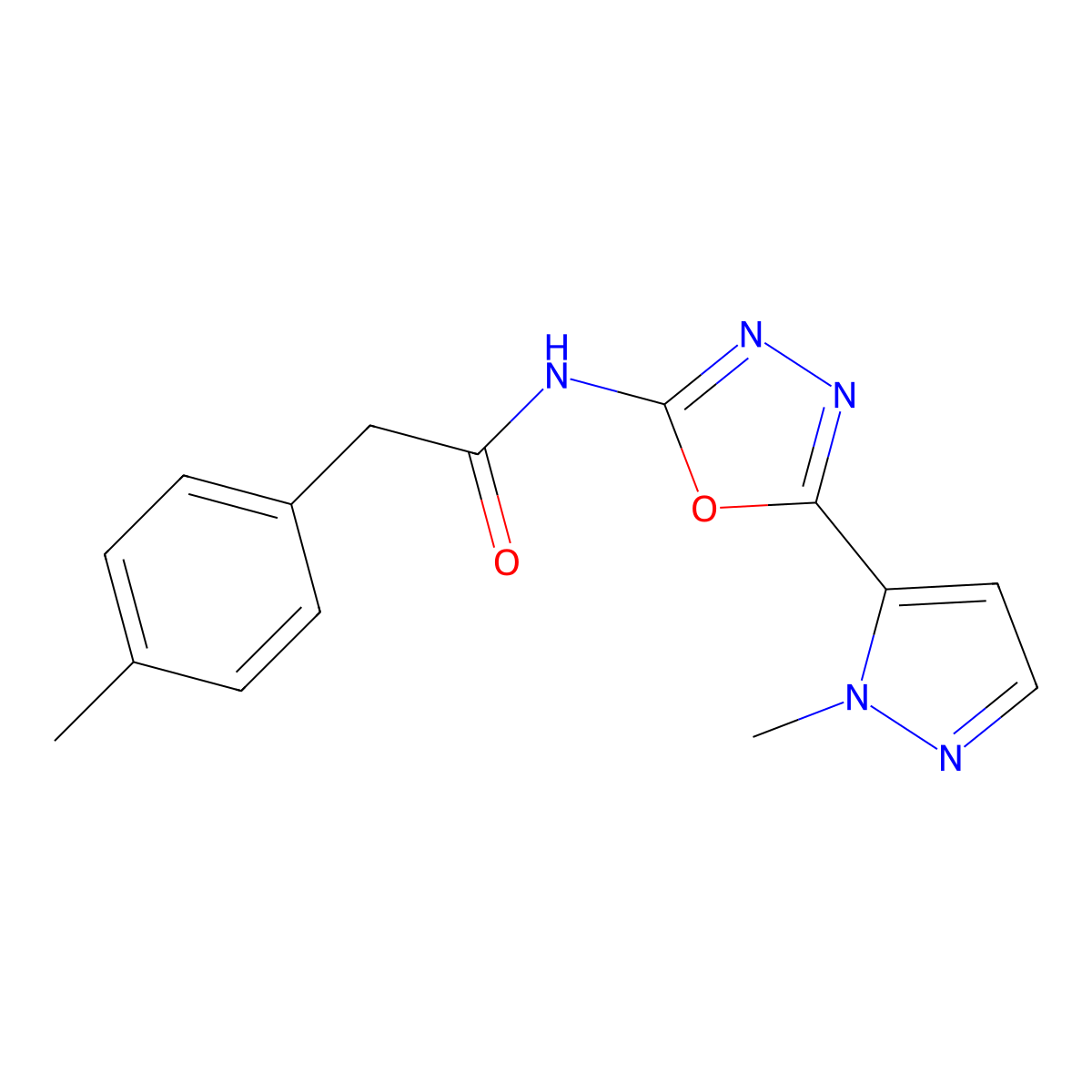 N-(5-(1-methyl-1H-pyrazol-5-yl)-1,3,4-oxadiazol-2-yl)-2-(p-tolyl)acetamide molecular structure, CAS 1170962-48-7