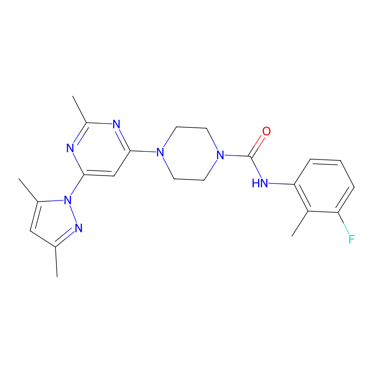 4-[6-(3,5-dimethyl-1H-pyrazol-1-yl)-2-methylpyrimidin-4-yl]-N-(3-fluoro-2-methylphenyl)piperazine-1-carboxamide molecular structure, CAS 1170962-91-0