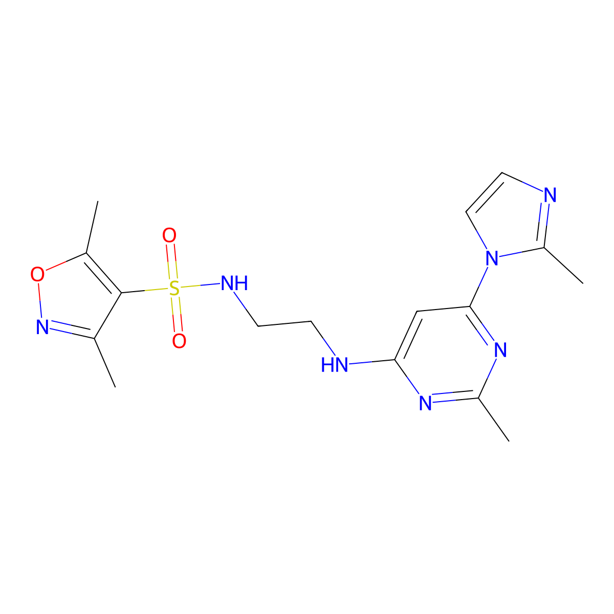 3,5-dimethyl-N-(2-((2-methyl-6-(2-methyl-1H-imidazol-1-yl)pyrimidin-4-yl)amino)ethyl)isoxazole-4-sulfonamide molecular structure, CAS 1170963-13-9