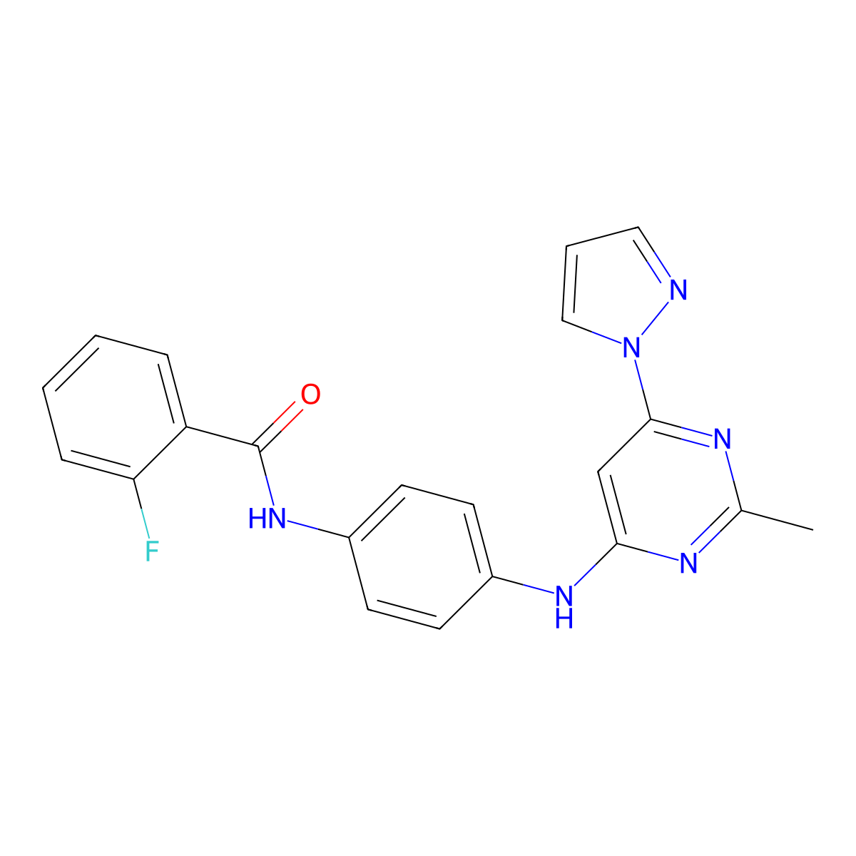 2-fluoro-N-(4-{[2-methyl-6-(1H-pyrazol-1-yl)pyrimidin-4-yl]amino}phenyl)benzamide molecular structure, CAS 1170964-42-7