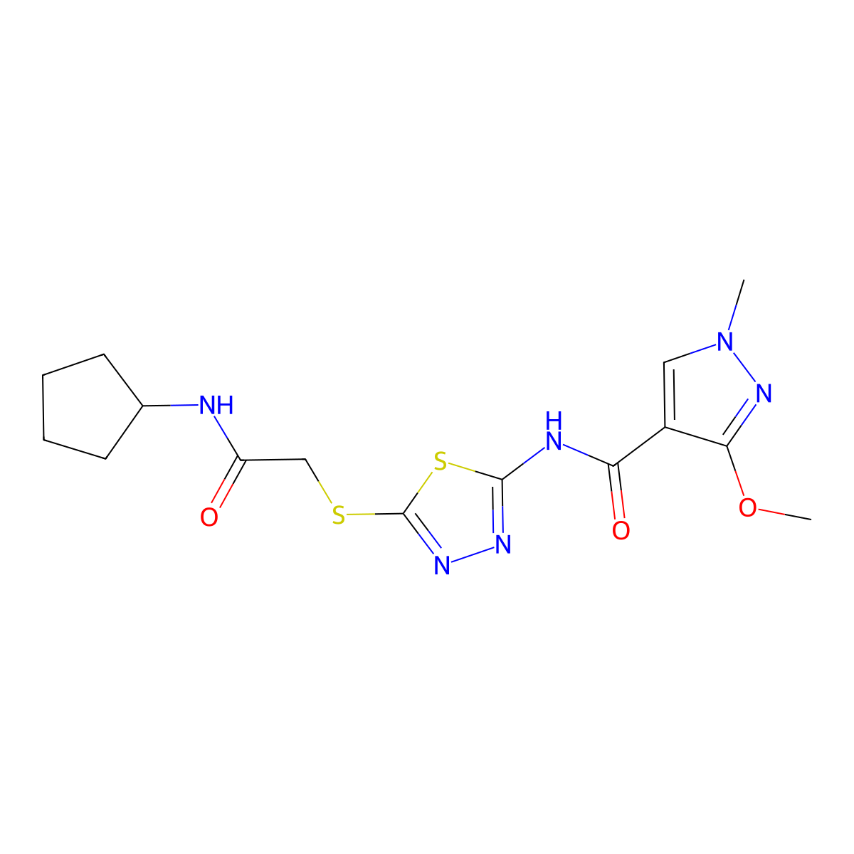 N-(5-((2-(cyclopentylamino)-2-oxoethyl)thio)-1,3,4-thiadiazol-2-yl)-3-methoxy-1-methyl-1H-pyrazole-4-carboxamide molecular structure, CAS 1170967-49-3