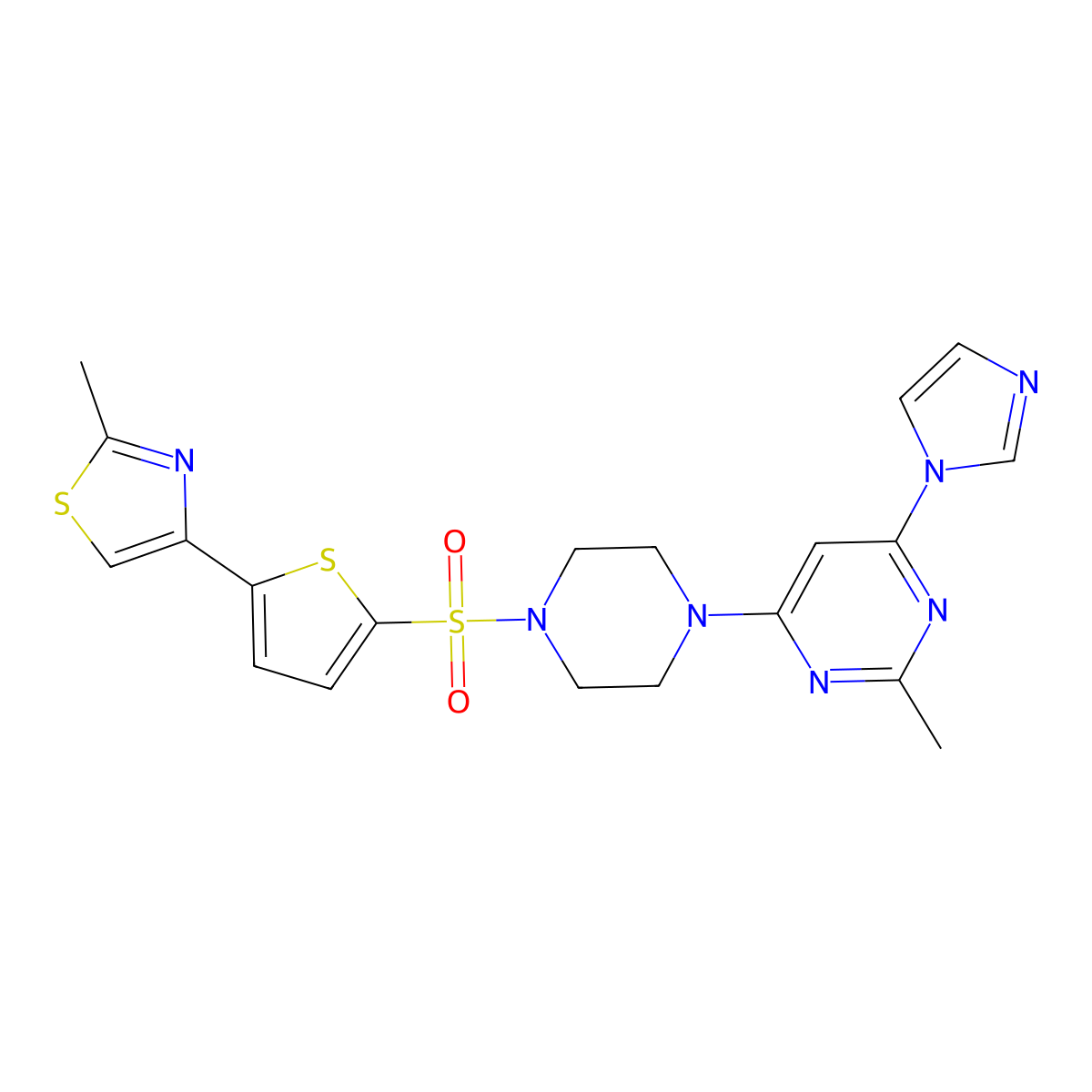 4-(5-((4-(6-(1H-imidazol-1-yl)-2-methylpyrimidin-4-yl)piperazin-1-yl)sulfonyl)thiophen-2-yl)-2-methylthiazole molecular structure, CAS 1170968-04-3