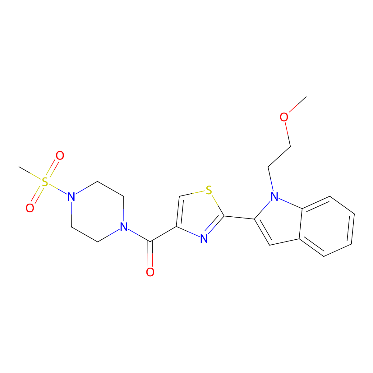 (2-(1-(2-methoxyethyl)-1H-indol-2-yl)thiazol-4-yl)(4-(methylsulfonyl)piperazin-1-yl)methanone molecular structure, CAS 1170969-32-0