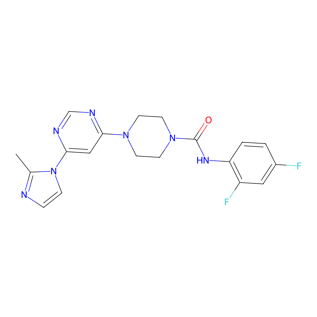 N-(2,4-difluorophenyl)-4-(6-(2-methyl-1H-imidazol-1-yl)pyrimidin-4-yl)piperazine-1-carboxamide molecular structure, CAS 1170972-88-9