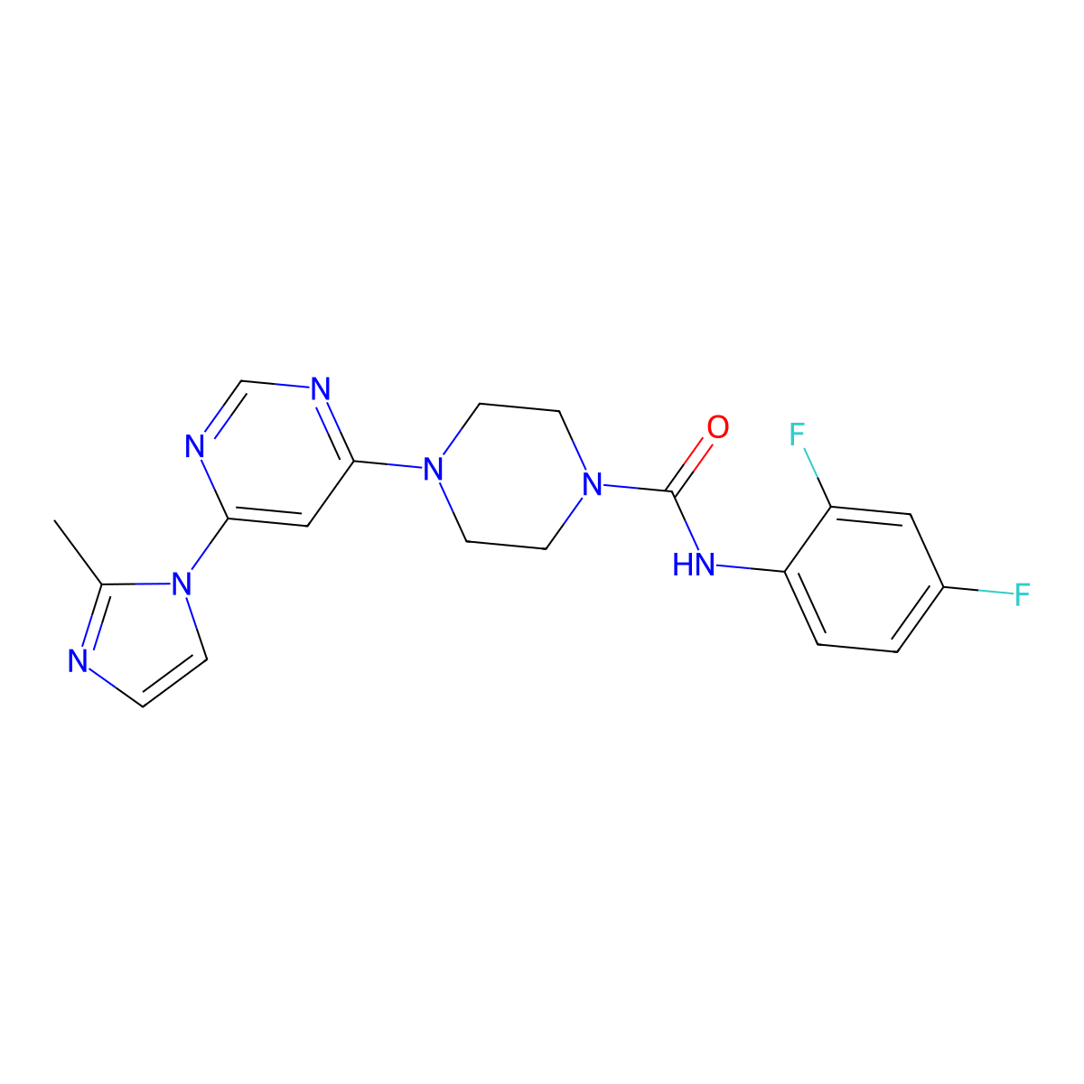 N-(2,4-difluorophenyl)-4-(6-(2-methyl-1H-imidazol-1-yl)pyrimidin-4-yl)piperazine-1-carboxamide molecular structure, CAS 1170972-88-9