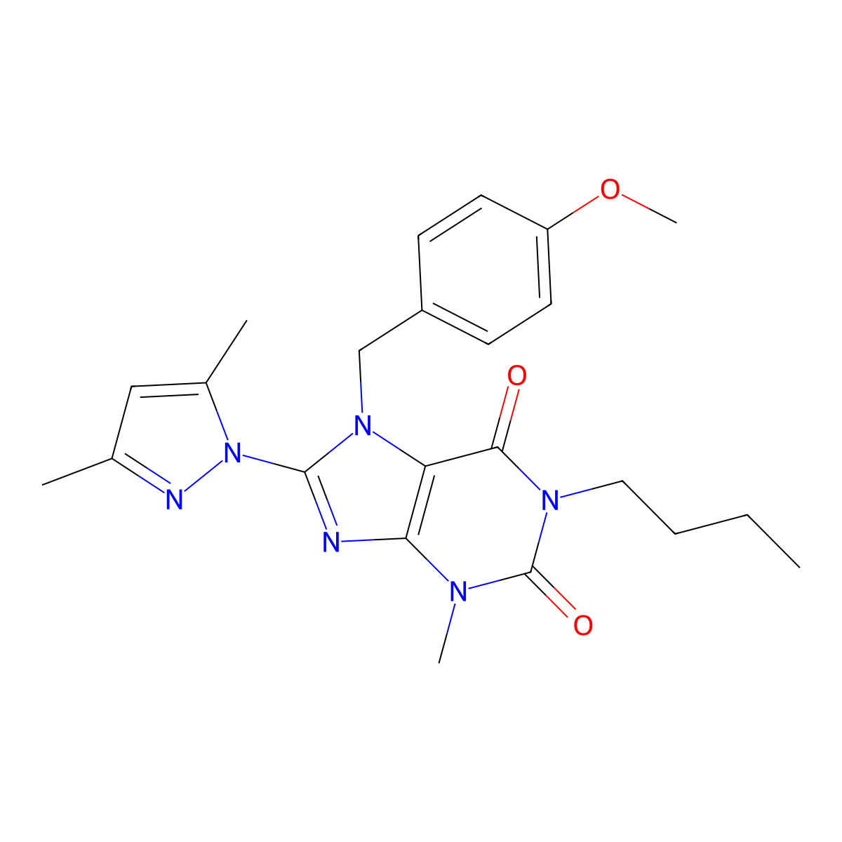 1-butyl-8-(3,5-dimethyl-1H-pyrazol-1-yl)-7-(4-methoxybenzyl)-3-methyl-1H-purine-2,6(3H,7H)-dione molecular structure, CAS 1170973-97-3