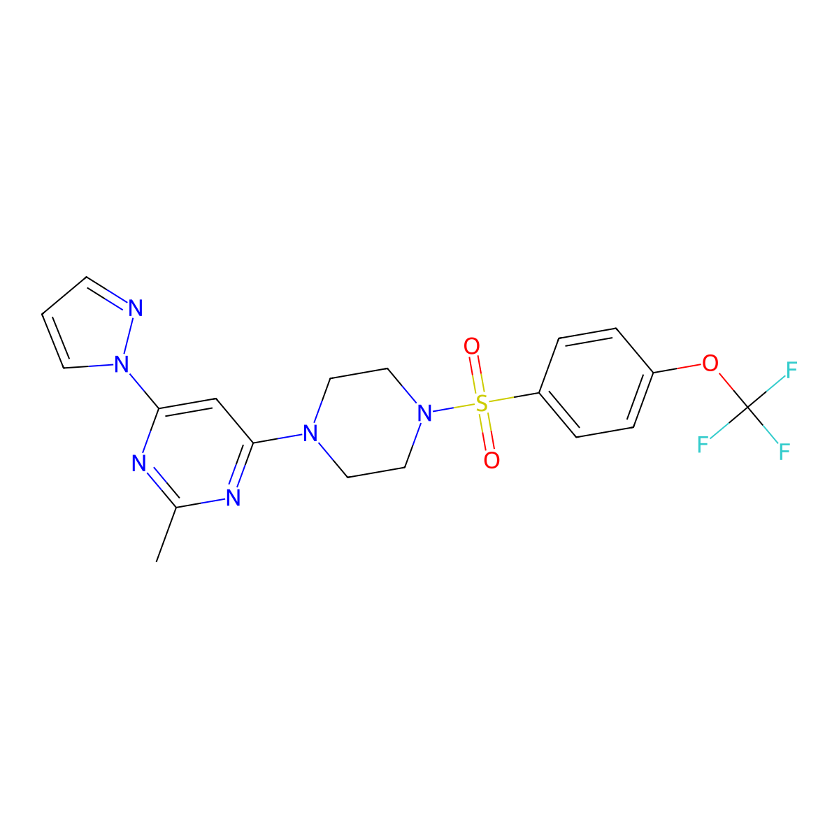 2-methyl-4-(1H-pyrazol-1-yl)-6-(4-((4-(trifluoromethoxy)phenyl)sulfonyl)piperazin-1-yl)pyrimidine molecular structure, CAS 1170974-37-4