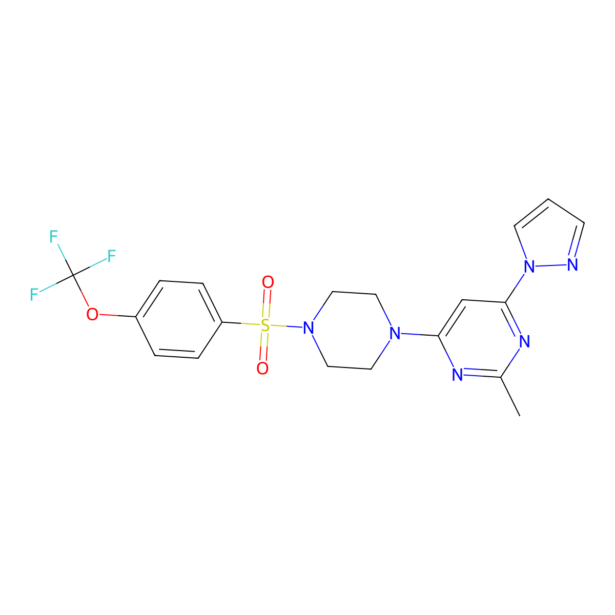 2-methyl-4-(1H-pyrazol-1-yl)-6-(4-((4-(trifluoromethoxy)phenyl)sulfonyl)piperazin-1-yl)pyrimidine molecular structure, CAS 1170974-37-4