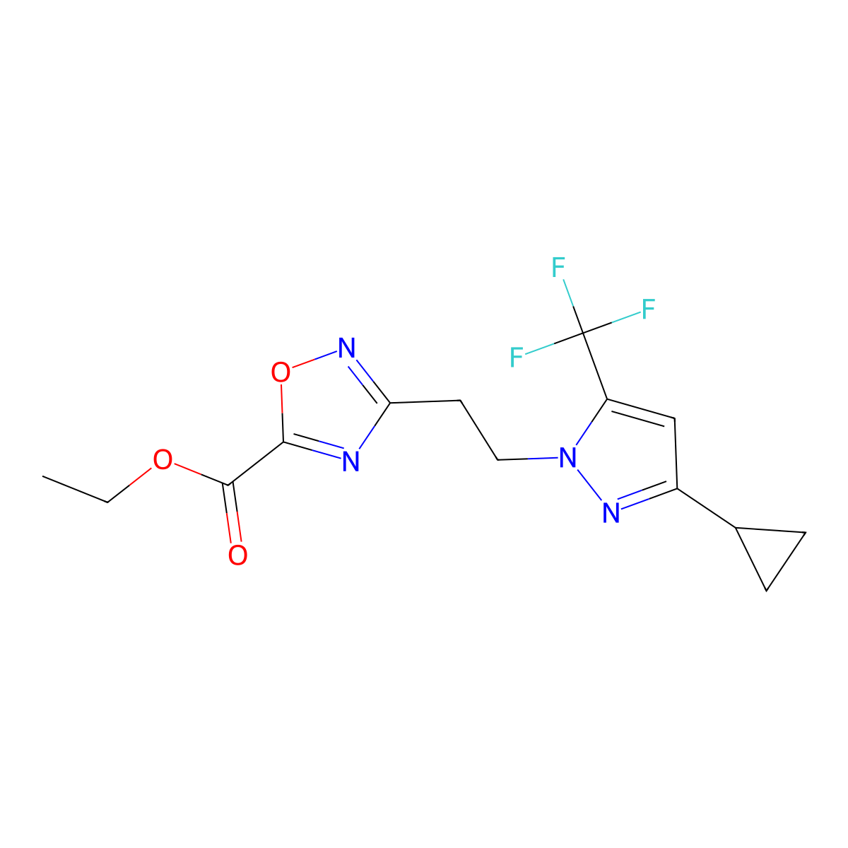 Ethyl 3-(2-(3-cyclopropyl-5-(trifluoromethyl)-1H-pyrazol-1-yl)ethyl)-1,2,4-oxadiazole-5-carboxylate molecular structure, CAS 1170977-40-8