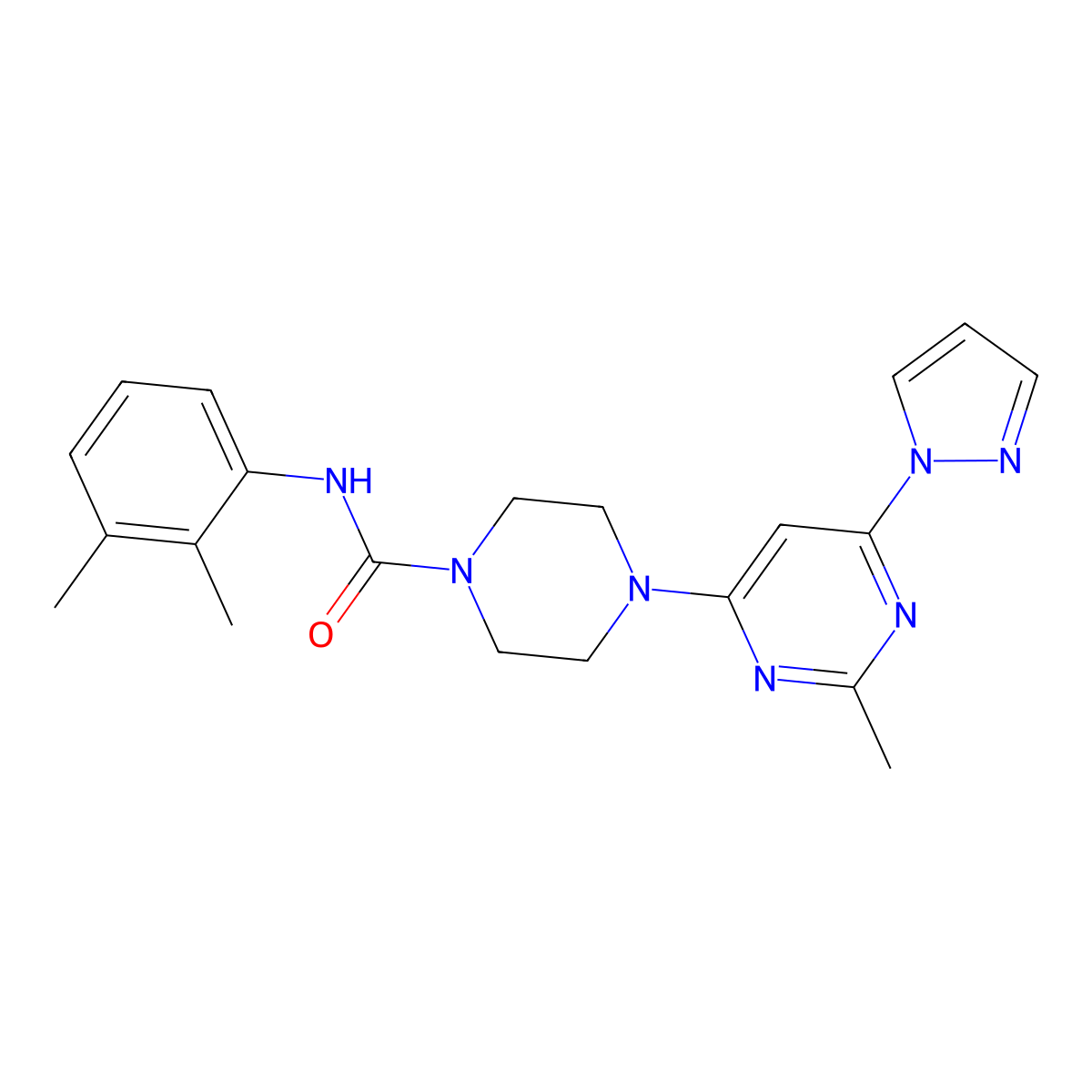 N-(2,3-dimethylphenyl)-4-(2-methyl-6-(1H-pyrazol-1-yl)pyrimidin-4-yl)piperazine-1-carboxamide molecular structure, CAS 1170977-89-5