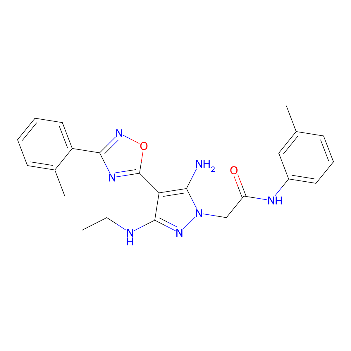 2-(5-amino-3-(ethylamino)-4-(3-(o-tolyl)-1,2,4-oxadiazol-5-yl)-1H-pyrazol-1-yl)-N-(m-tolyl)acetamide molecular structure, CAS 1170978-33-2