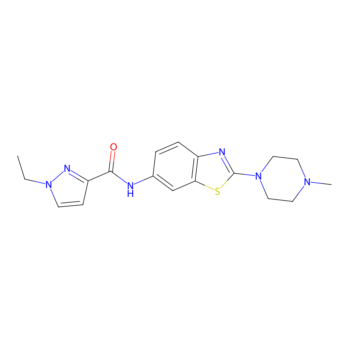 1-ethyl-N-(2-(4-methylpiperazin-1-yl)benzo[d]thiazol-6-yl)-1H-pyrazole-3-carboxamide molecular structure, CAS 1170982-20-3