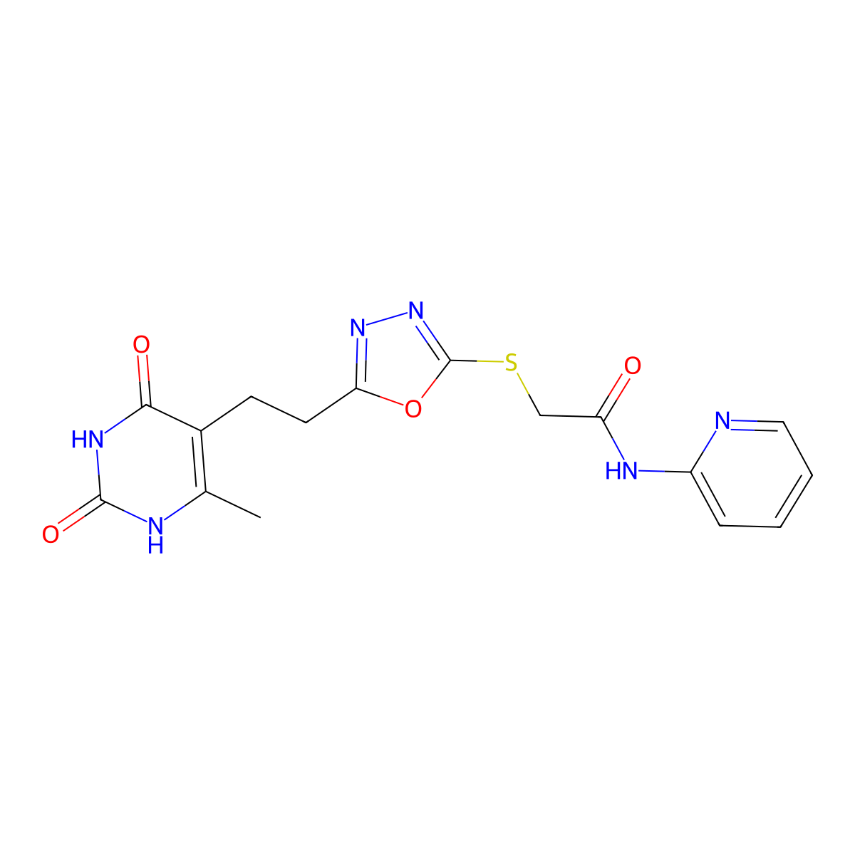 2-((5-(2-(6-methyl-2,4-dioxo-1,2,3,4-tetrahydropyrimidin-5-yl)ethyl)-1,3,4-oxadiazol-2-yl)thio)-N-(pyridin-2-yl)acetamide molecular structure, CAS 1170982-69-0