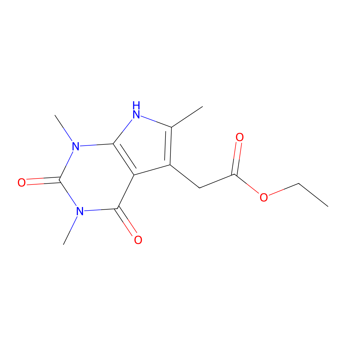 Ethyl (1,3,6-trimethyl-2,4-dioxo-2,3,4,7-tetrahydro-1H-pyrrolo[2,3-d]pyrimidin-5-yl)acetate molecular structure, CAS 1170983-12-6