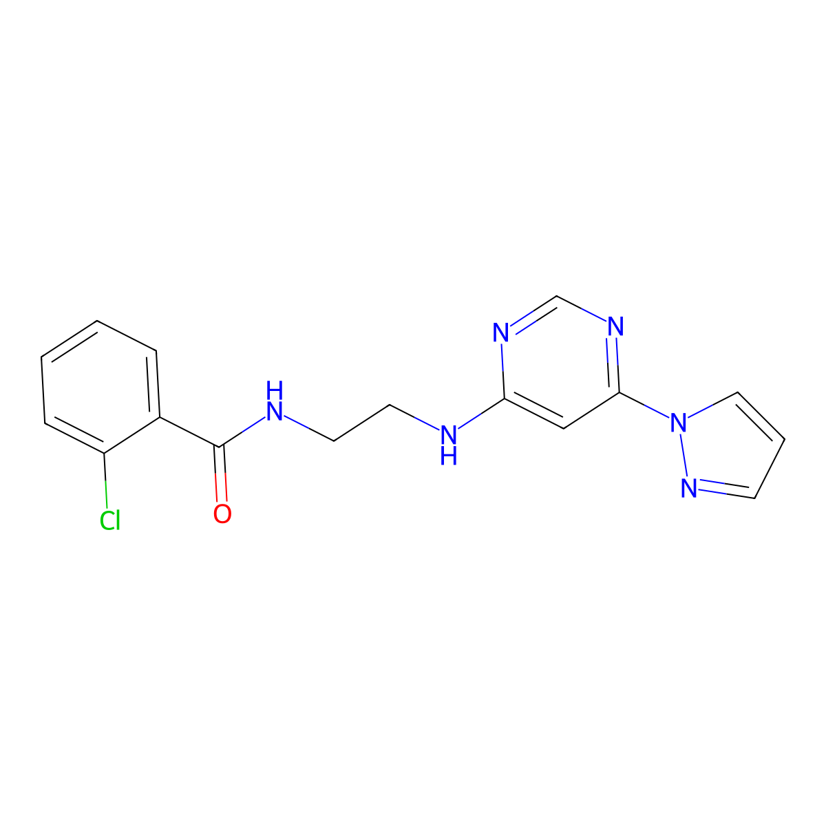 N-(2-((6-(1H-pyrazol-1-yl)pyrimidin-4-yl)amino)ethyl)-2-chlorobenzamide molecular structure, CAS 1170983-40-0