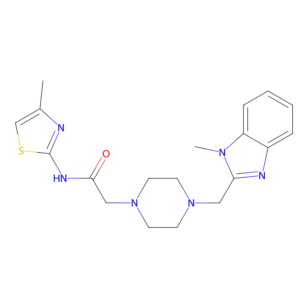 2-(4-((1-methyl-1H-benzo[d]imidazol-2-yl)methyl)piperazin-1-yl)-N-(4-methylthiazol-2-yl)acetamide molecular structure, CAS 1170984-67-4