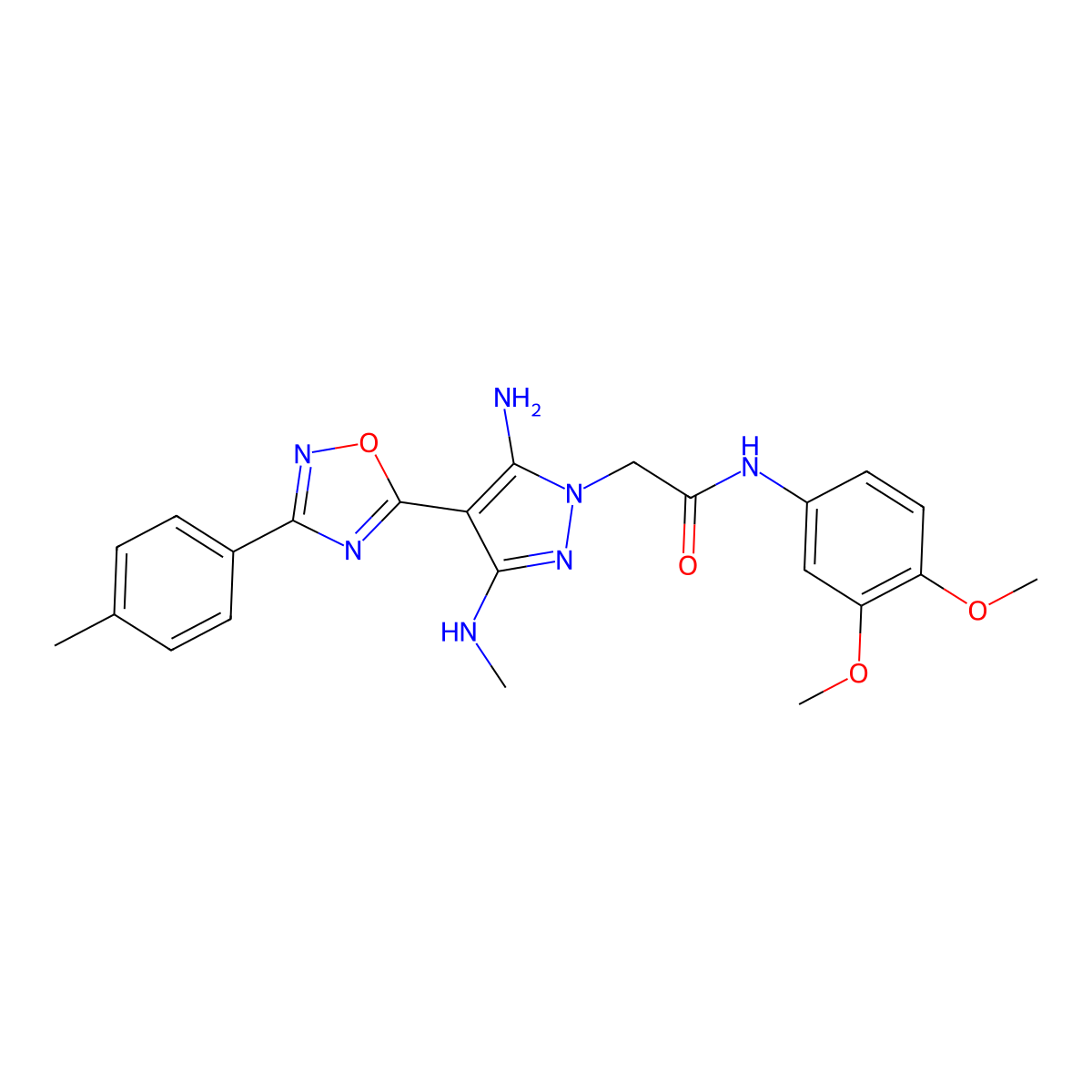 2-[5-amino-3-(methylamino)-4-[3-(4-methylphenyl)-1,2,4-oxadiazol-5-yl]-1H-pyrazol-1-yl]-N-(3,4-dimethoxyphenyl)acetamide molecular structure, CAS 1170988-20-1