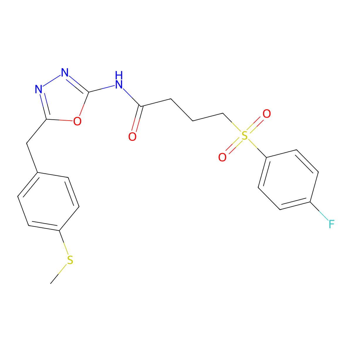 4-((4-fluorophenyl)sulfonyl)-N-(5-(4-(methylthio)benzyl)-1,3,4-oxadiazol-2-yl)butanamide molecular structure, CAS 1170990-46-1